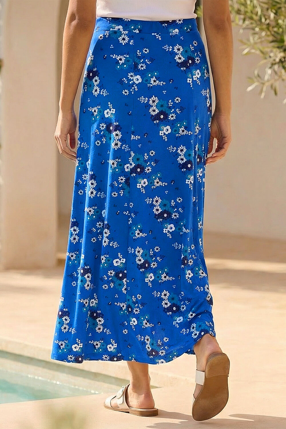 Royal Blue Diagonal Ditsy Floral Print Skirt, Image 4 of 4