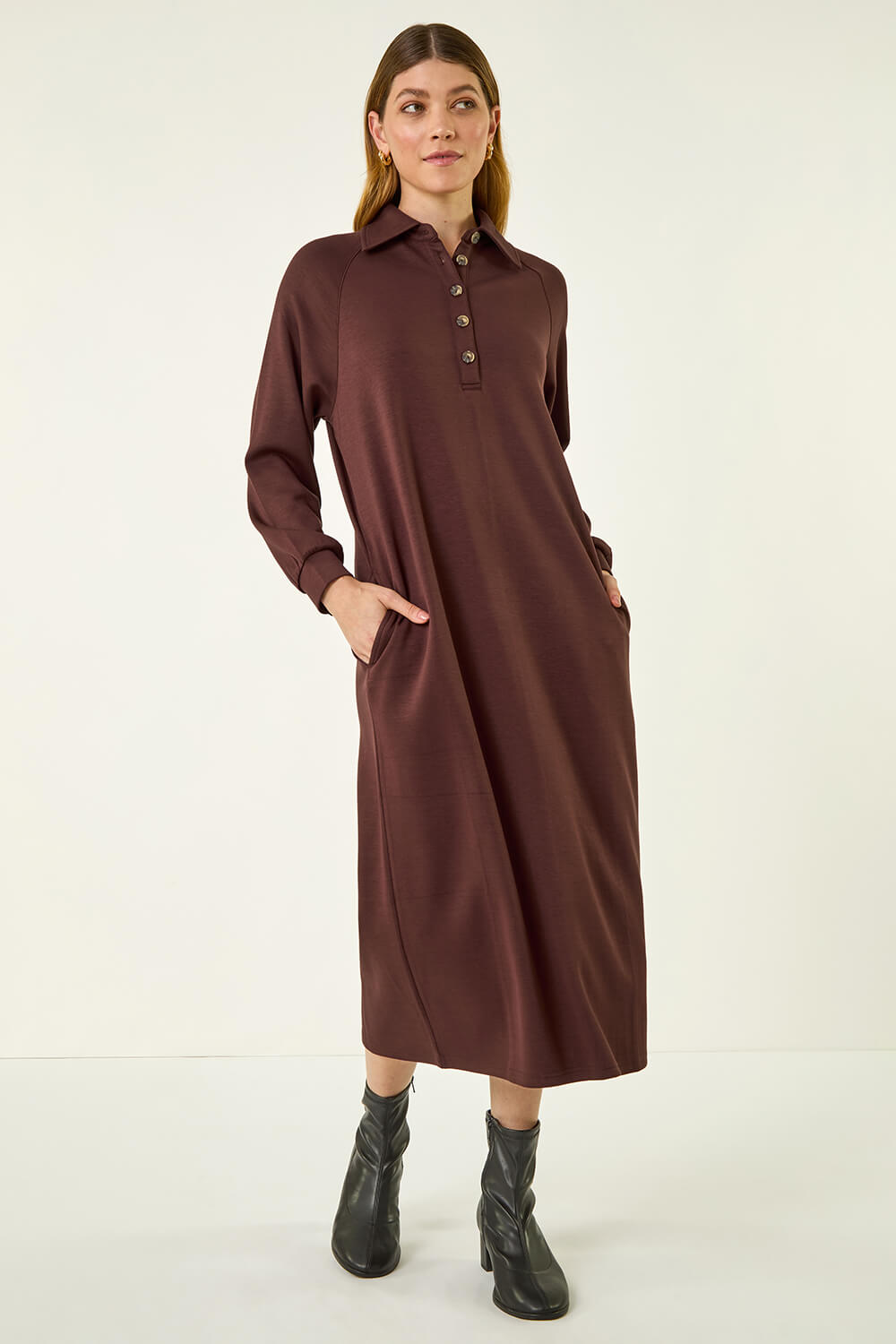 Chocolate Buttoned Collar Midi Dress, Image 3 of 7
