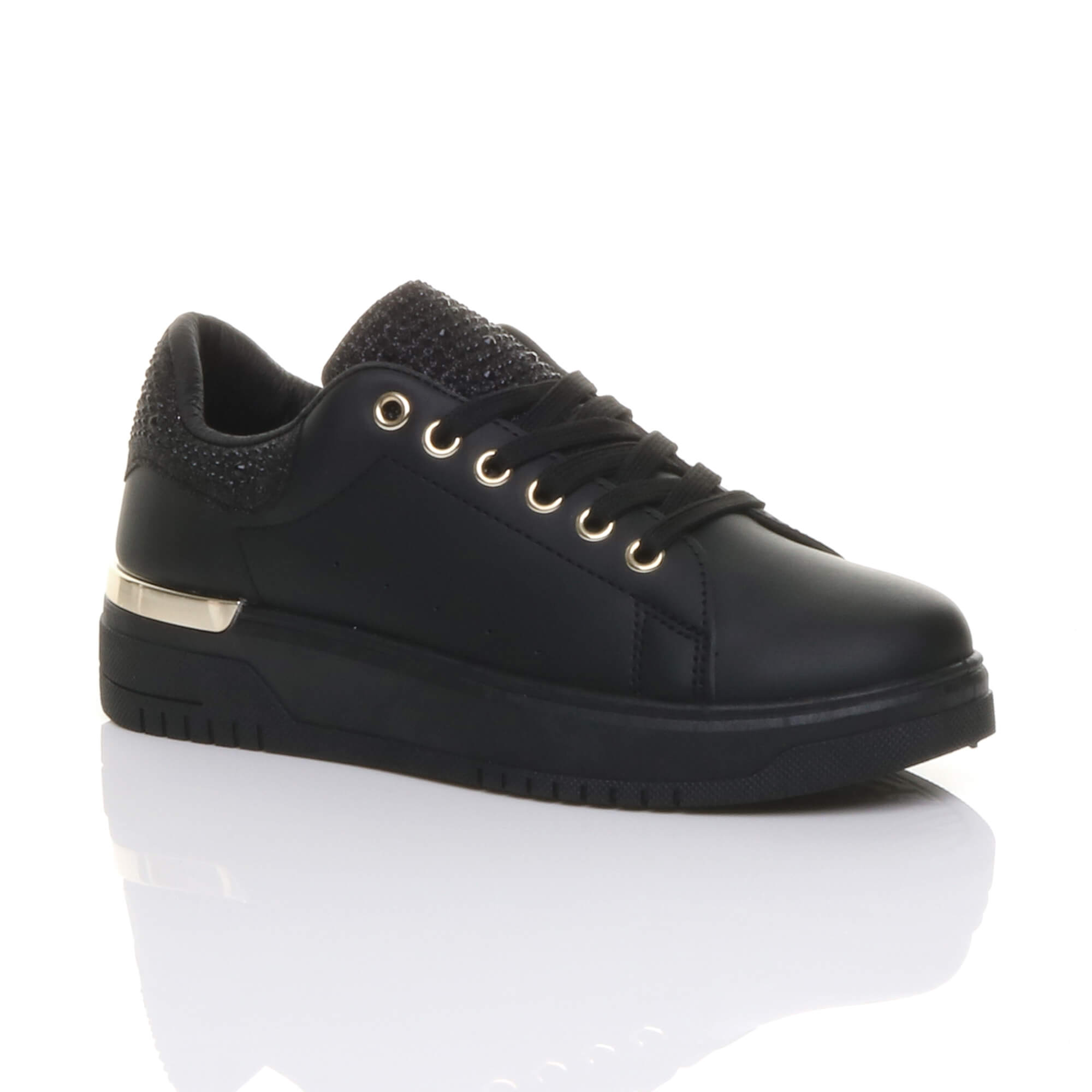 Black Flat Chunky Diamante Sparkly Trainers, Image 1 of 6
