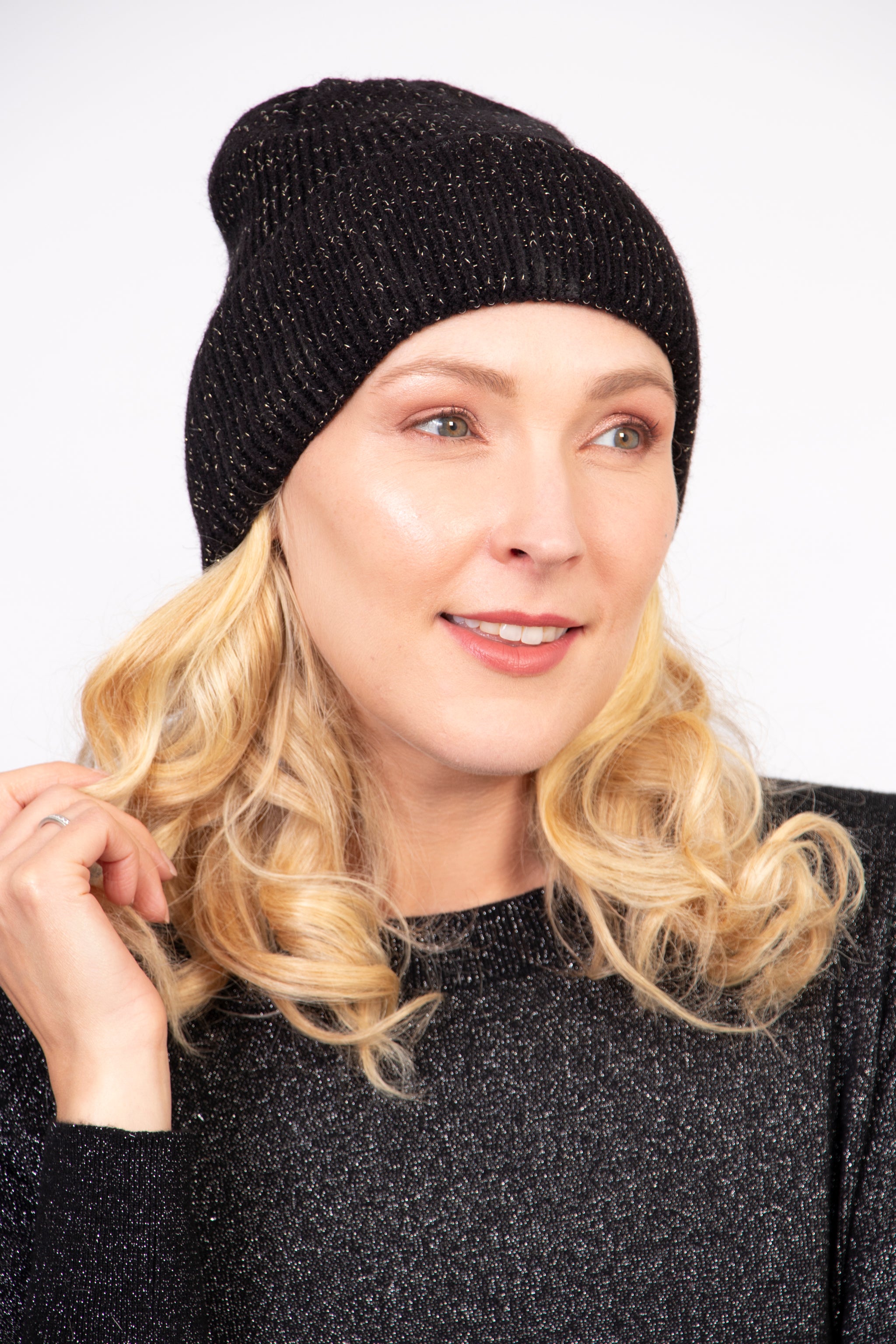 Black Glitter Knitted Winter Beanie Hat, Image 1 of 2