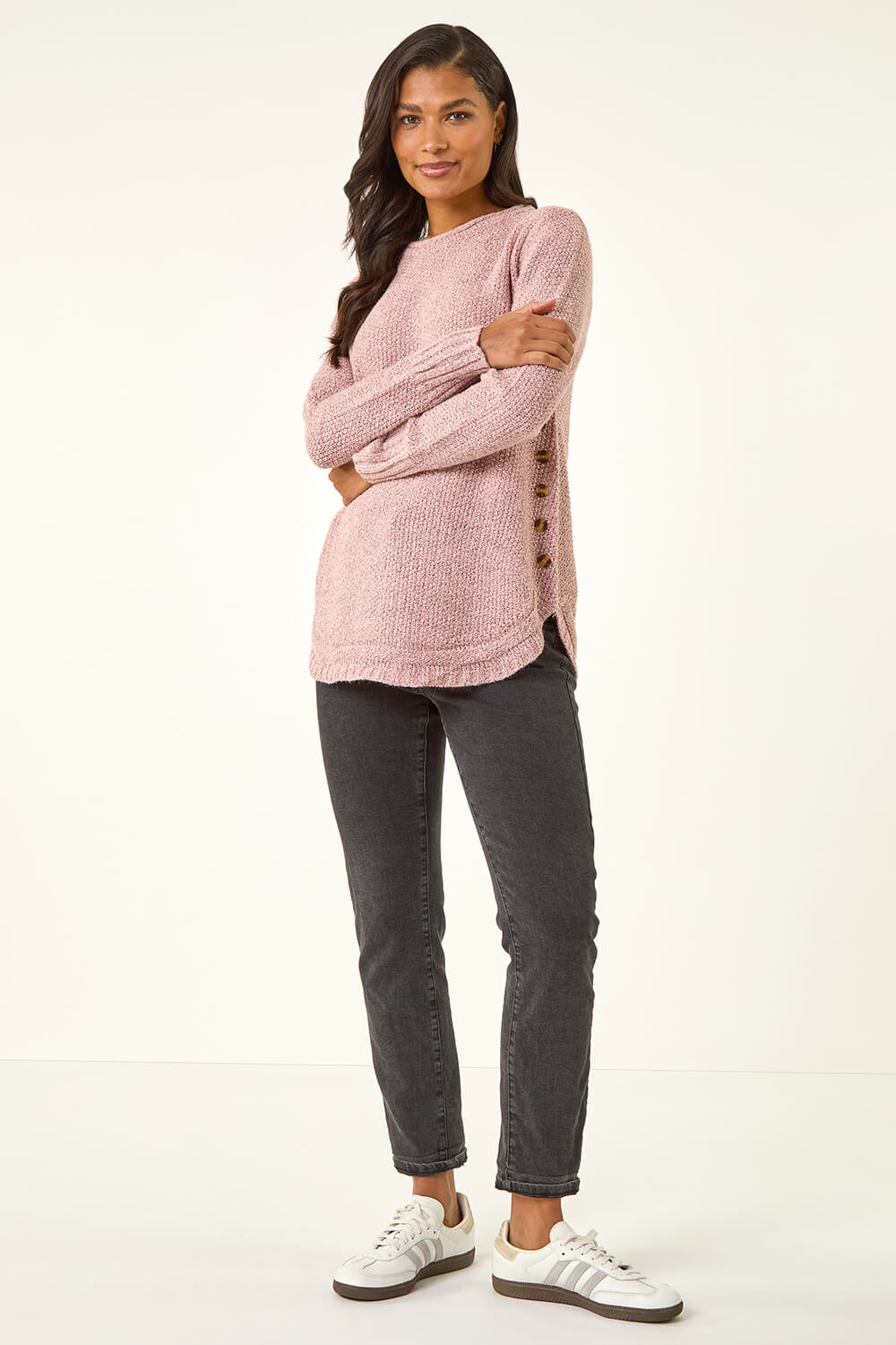 Light Pink Button Detail Curved Hem Jumper, Image 3 of 5