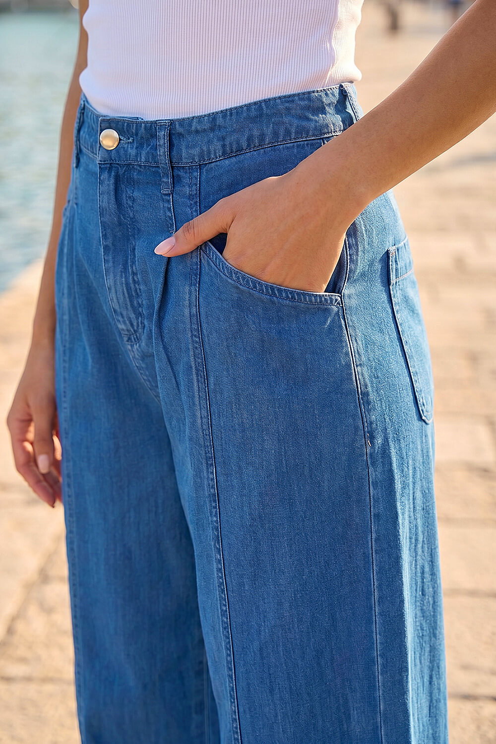 Denim Petite Stitch Pocket Wide Leg Jeans, Image 5 of 4