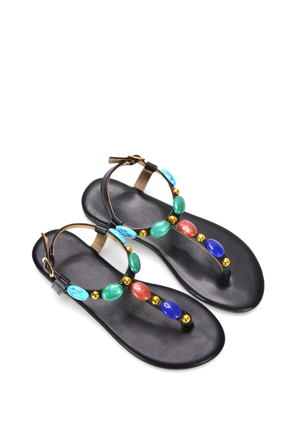 Black XY LONDON Black 'Sylva' Embellished Jewel Stone Flat T-Bar Sandals, Image 6 of 6