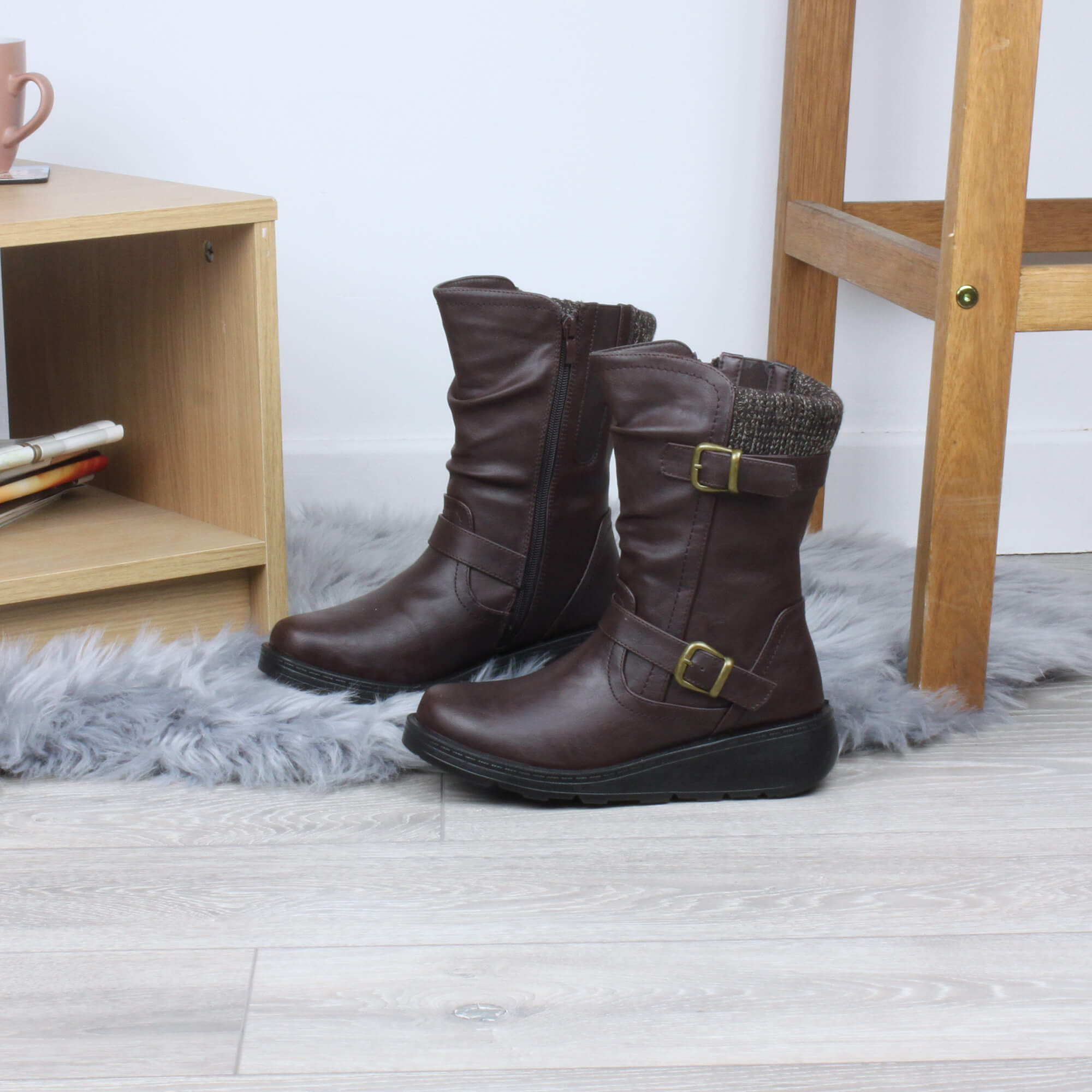 Brown AJVANI Brown Low Wedge Heel Comfort Calf Biker Boots, Image 4 of 6
