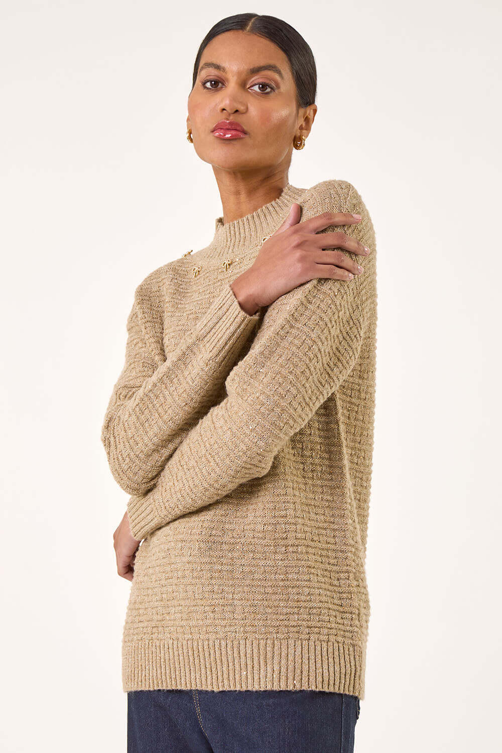 Taupe Sequin Bow Embellished Knit Jumper, Image 5 of 5