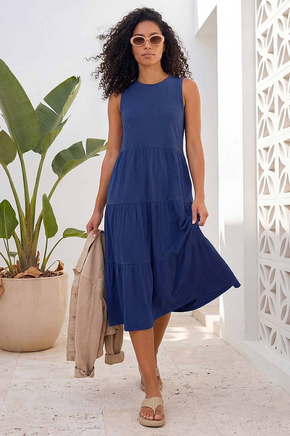 Navy Tiered Midi Smock Dress, Image 3 of 4