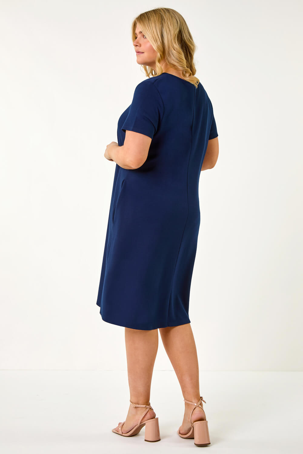 Navy Curve Plain Pocket Stretch Swing Dress, Image 4 of 5