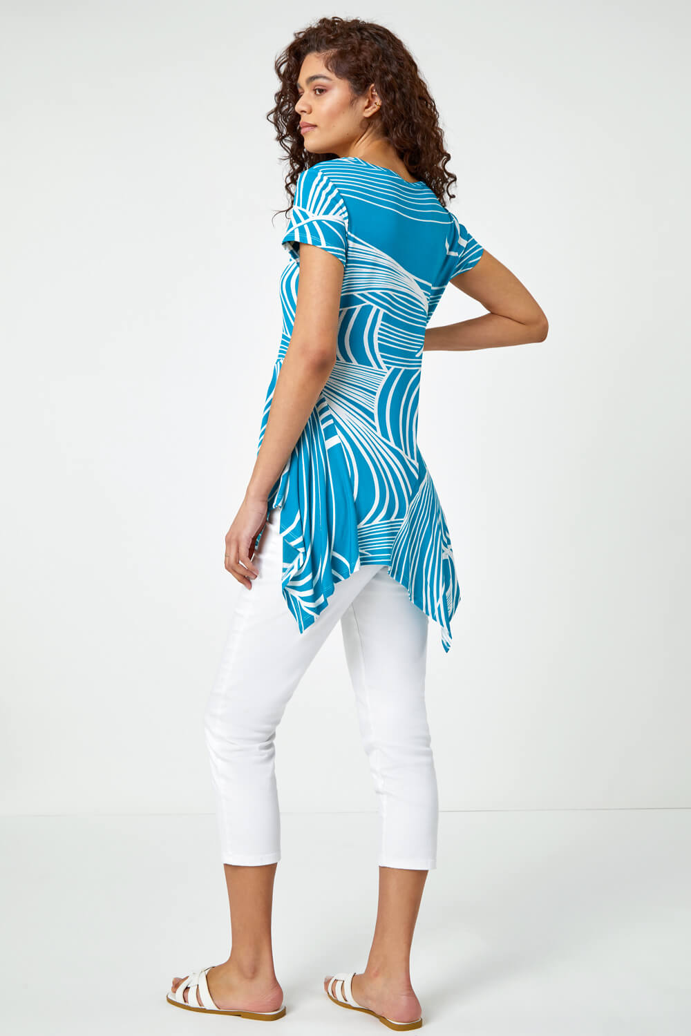 Teal Textured Linear Print Hanky Hem Tunic Top, Image 4 of 5