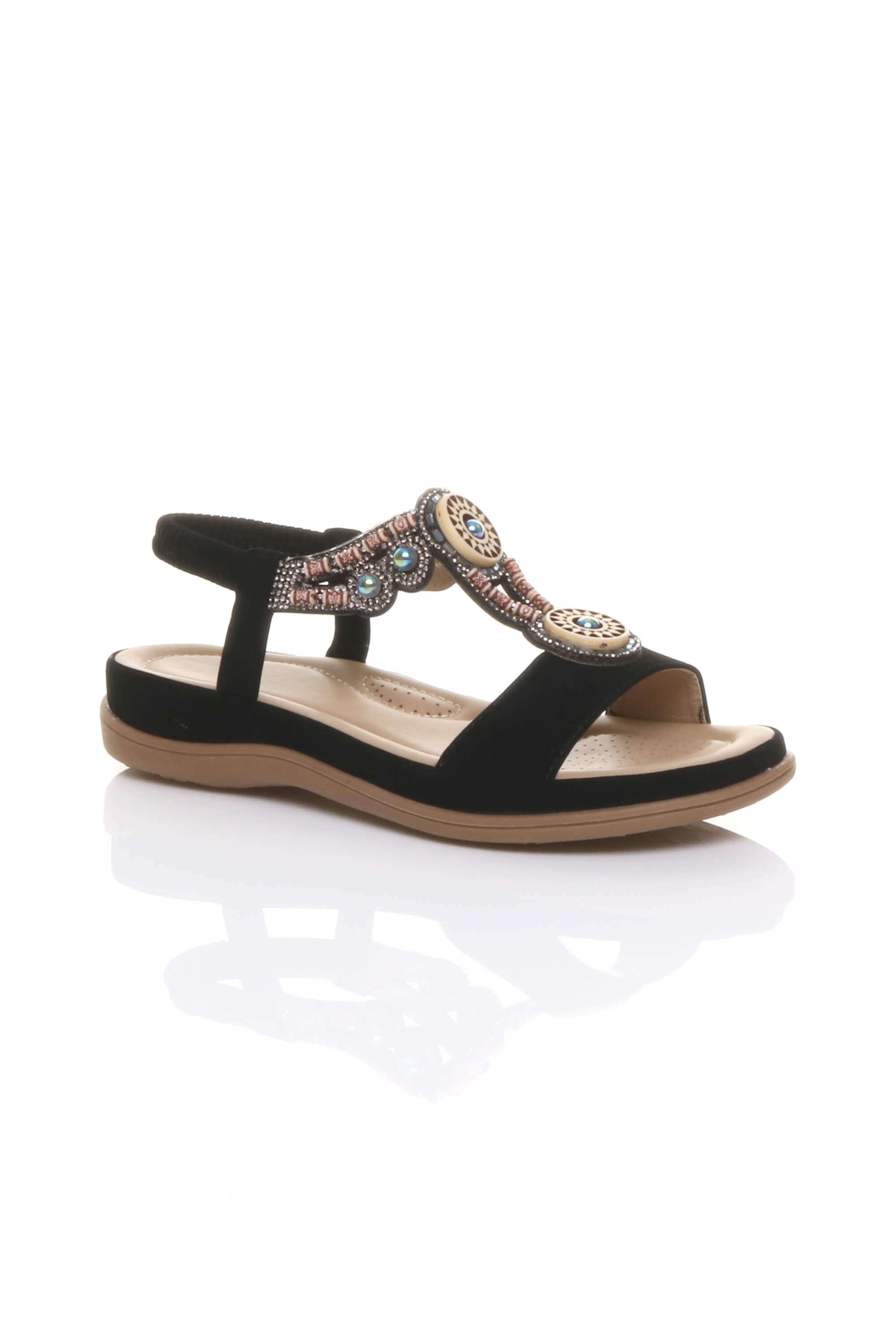 Black AJVANI Black Slingback Beaded T-Bar Sandals, Image 1 of 4