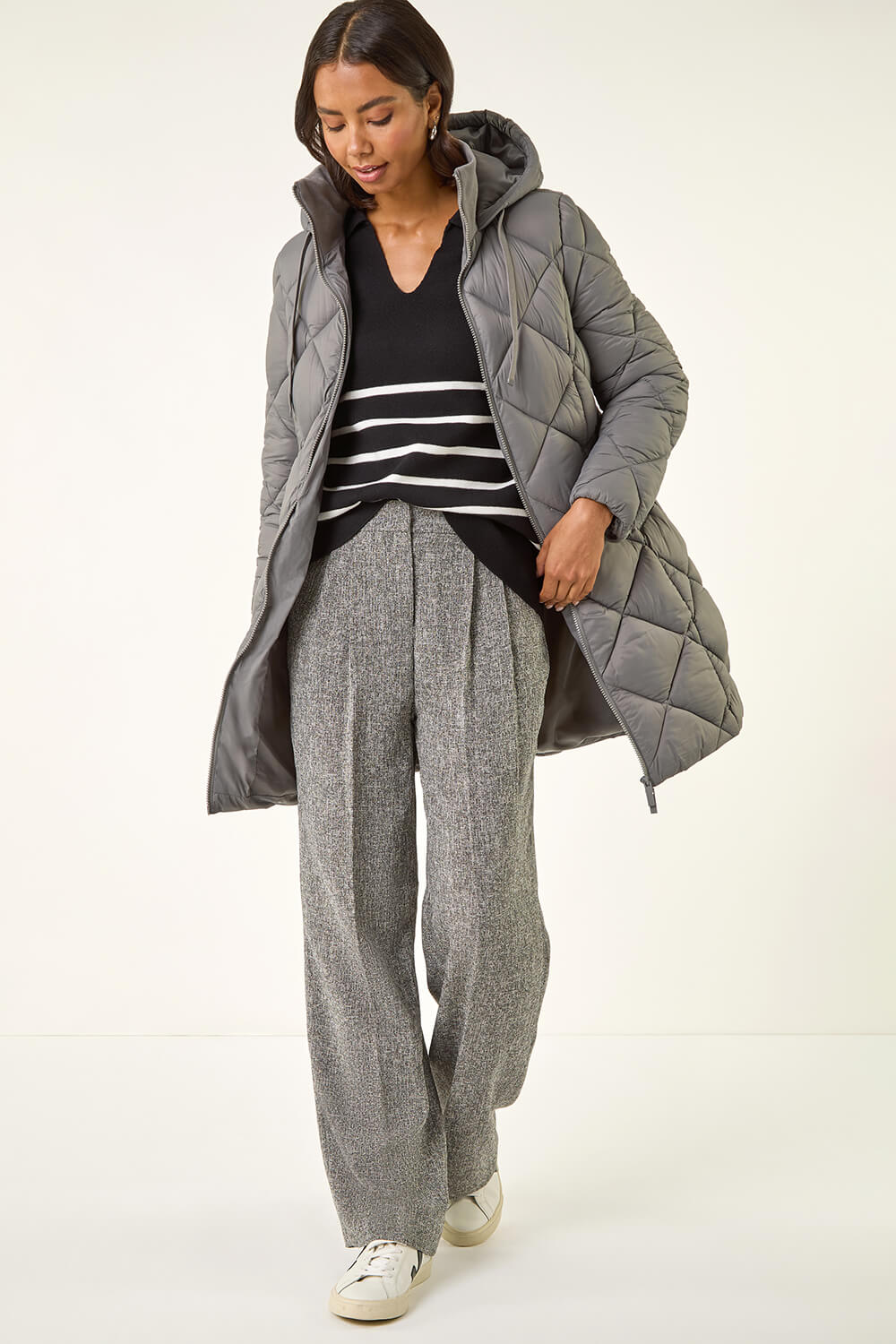Grey Diamond Quilt Padded Coat, Image 3 of 6