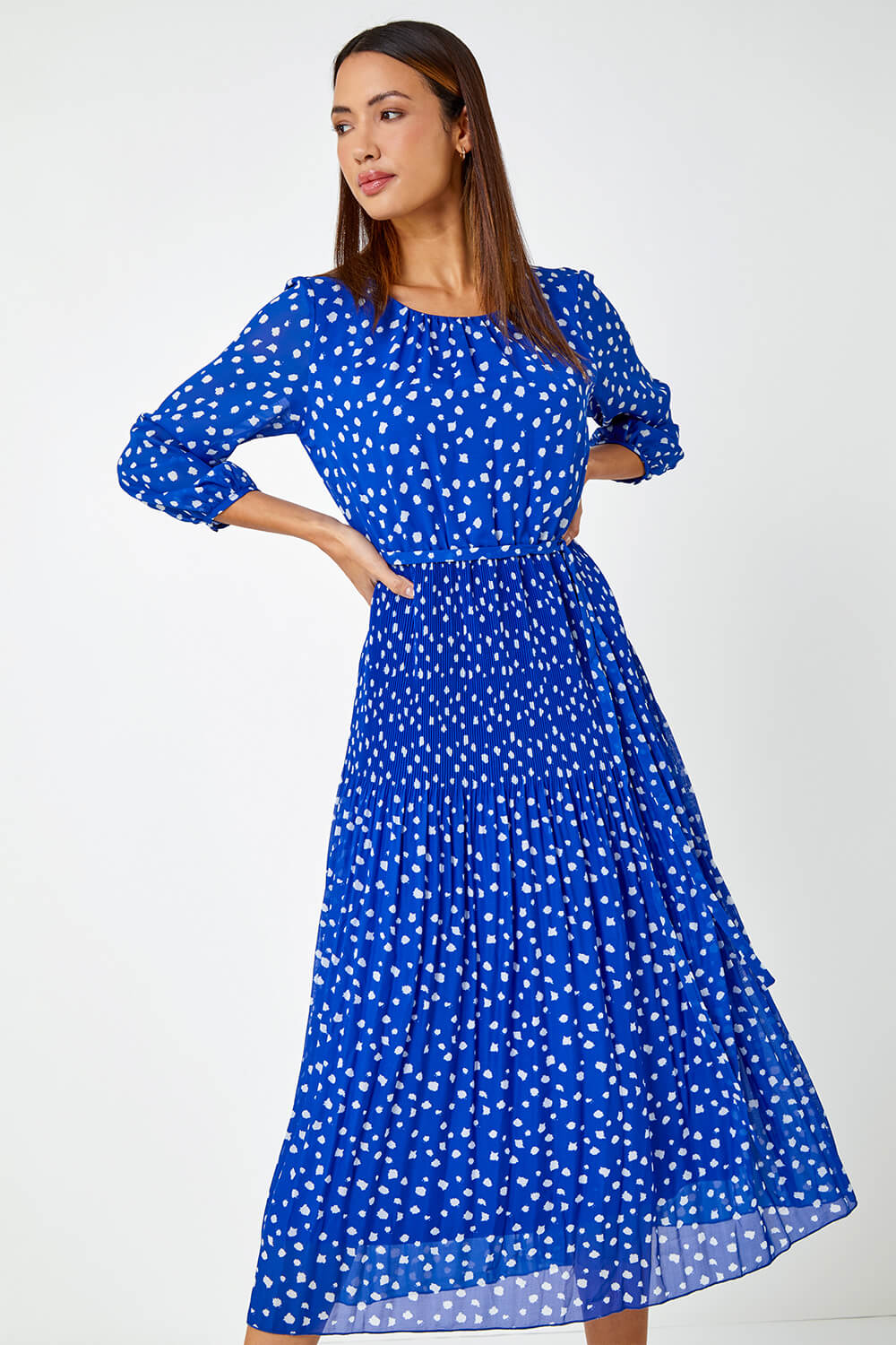 Royal Blue Spot Print Pleated Midi Dress, Image 3 of 6