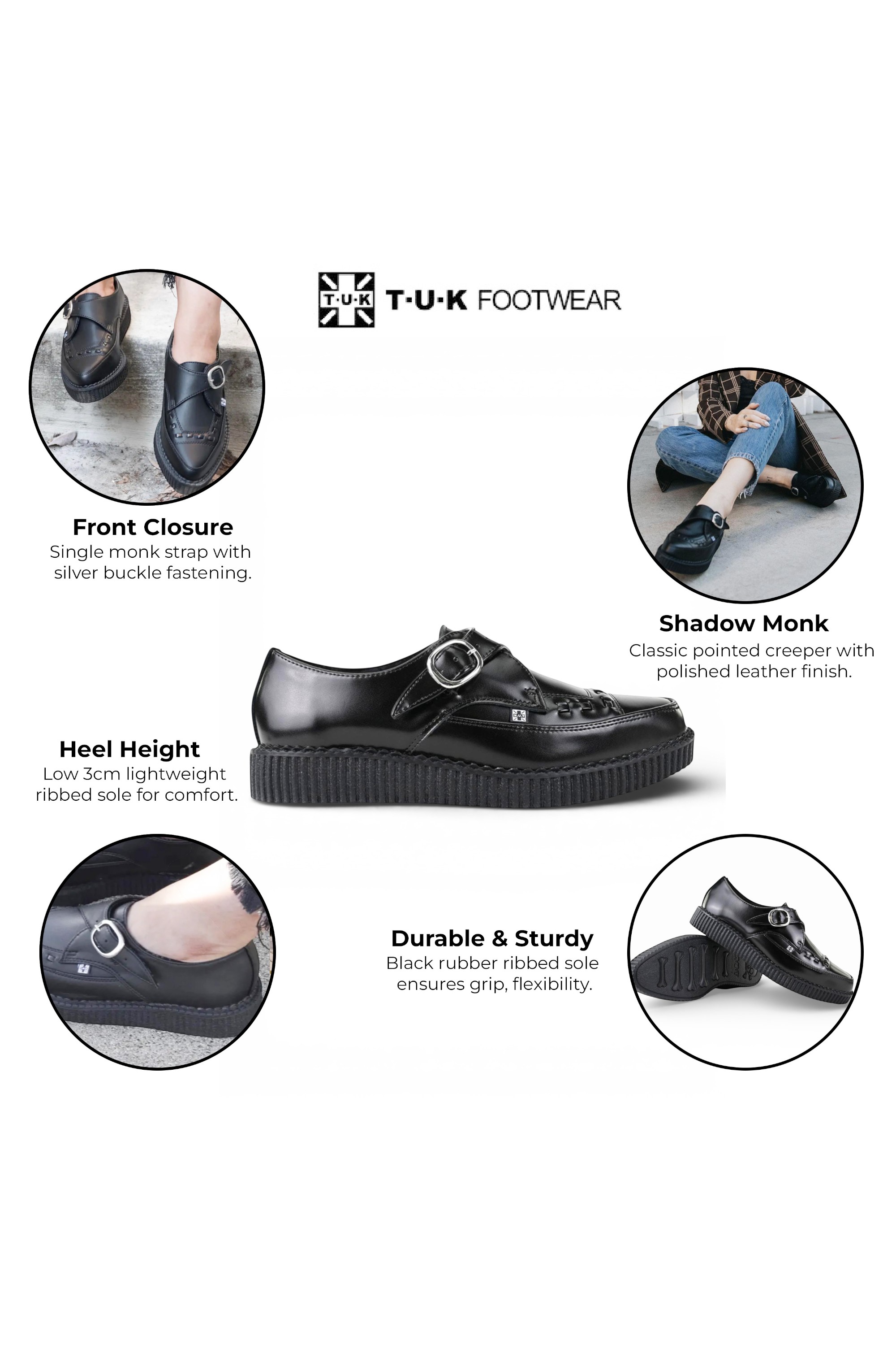 Black TUK Footwear Black Pointed Creeper Leather Monk Shoes, Image 3 of 8