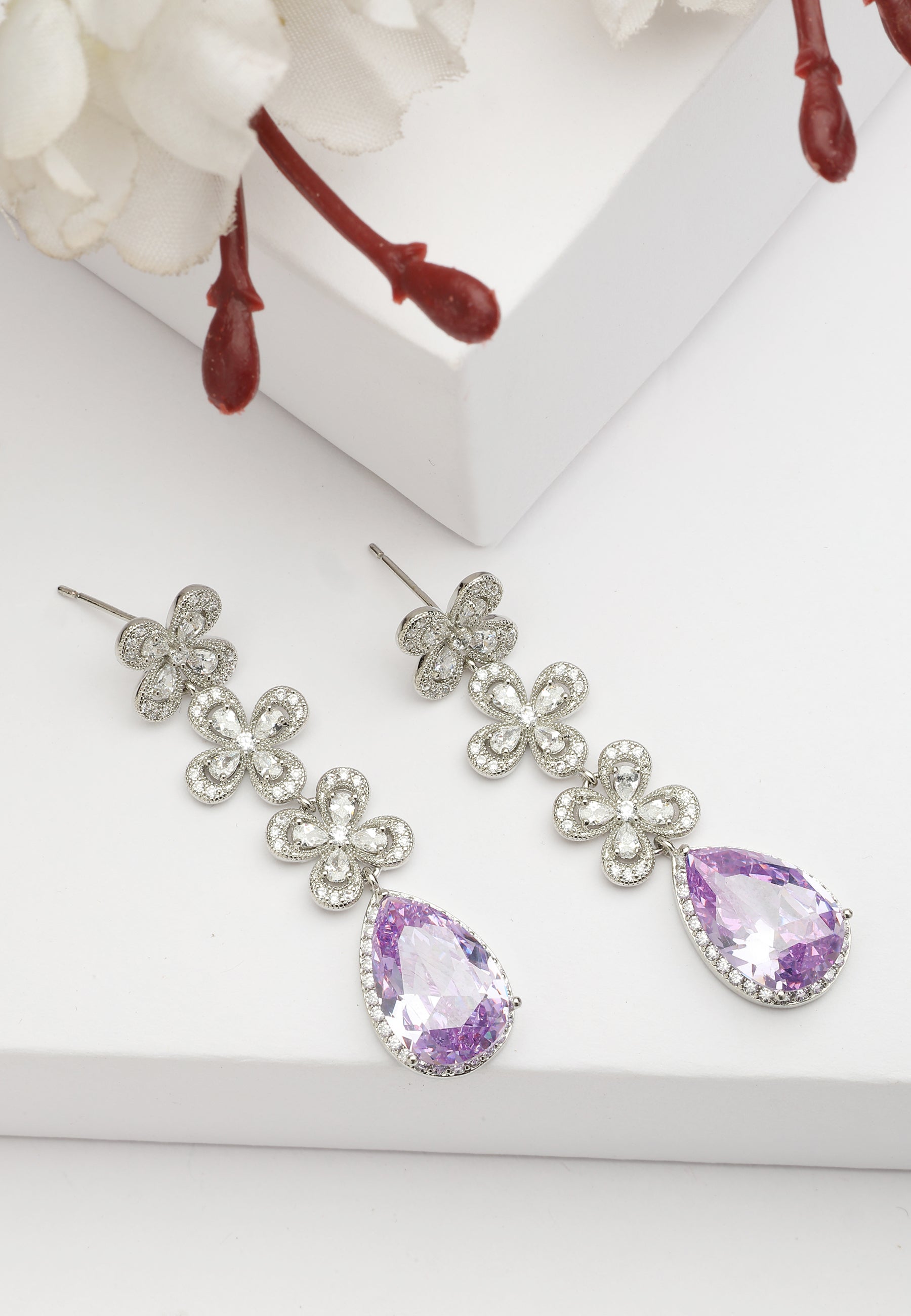 Lilac Diva Triple Flower Drop Earrings, Image 2 of 5