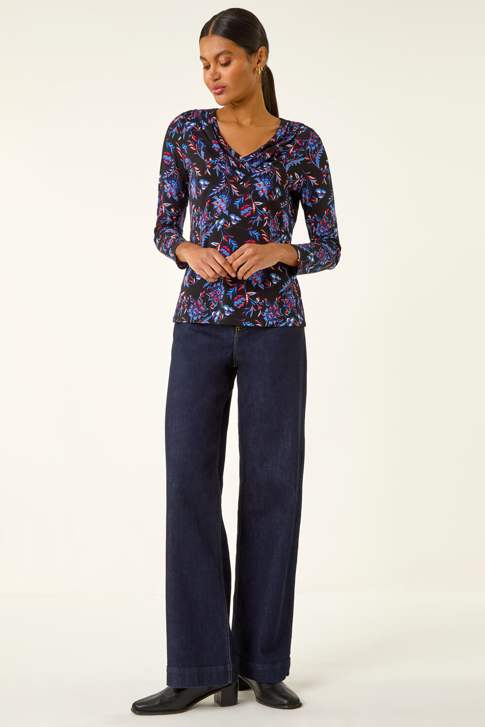 Blue Floral V-Neck Stretch Top, Image 3 of 5
