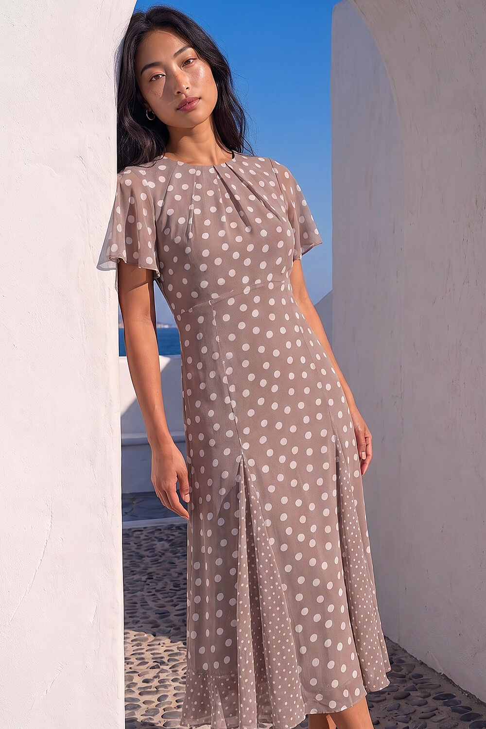 Roman Petite Women's Stone Polka Dot Godet Hem Midi Dress Size 14