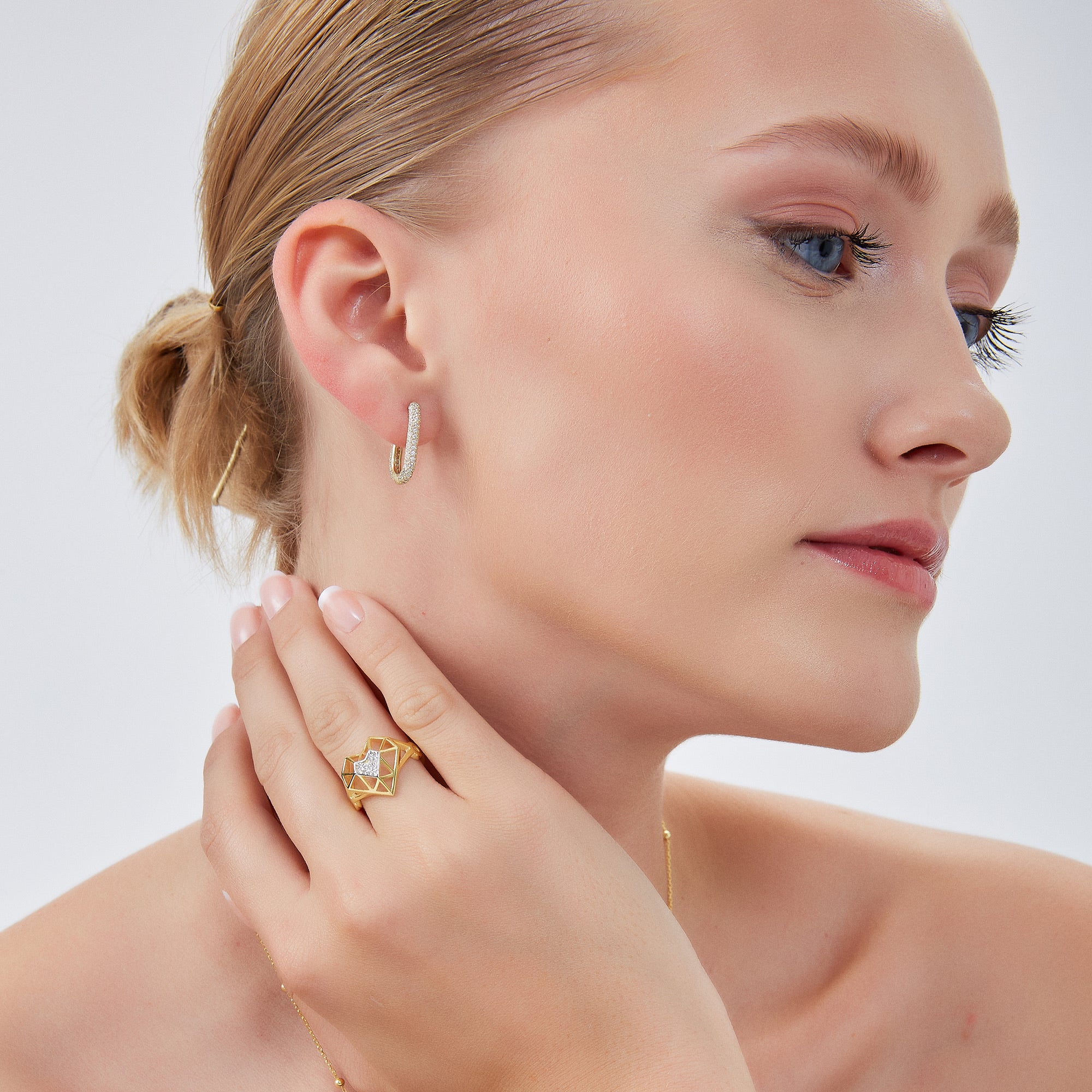 Gold Pave Rectangular Sterling Silver Oval Hoop Earring, Image 4 of 4