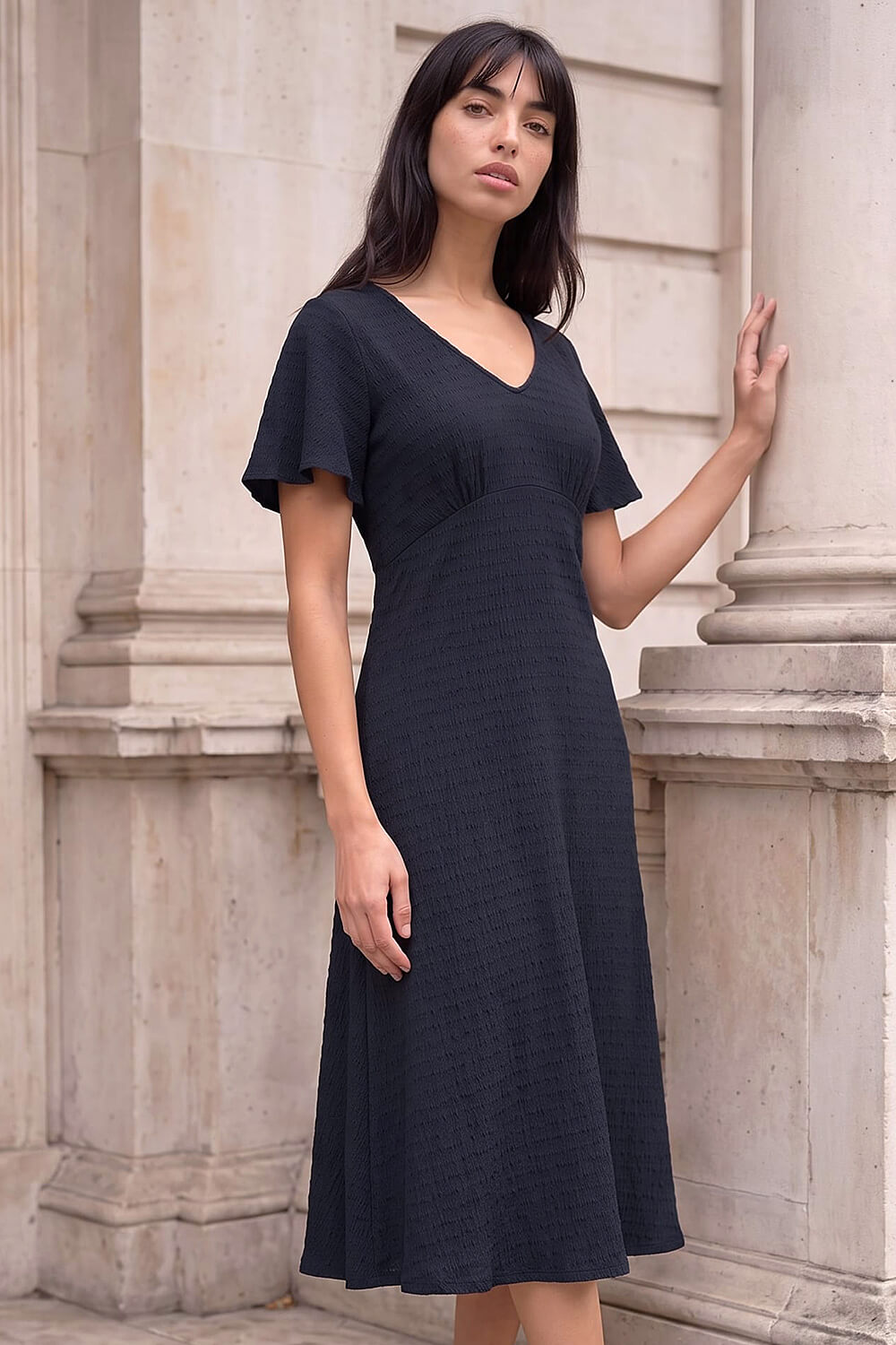 Roman  Navy Petite V-Neck Dress Size 10
