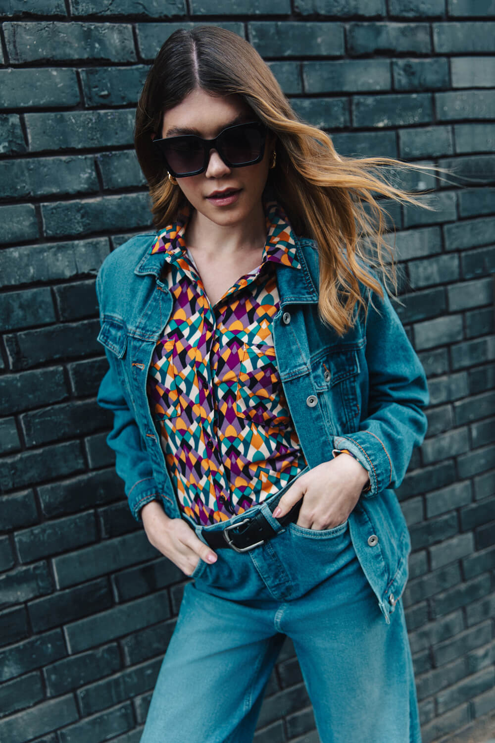 Orange Geo Print Stretch Top, Image 1 of 7