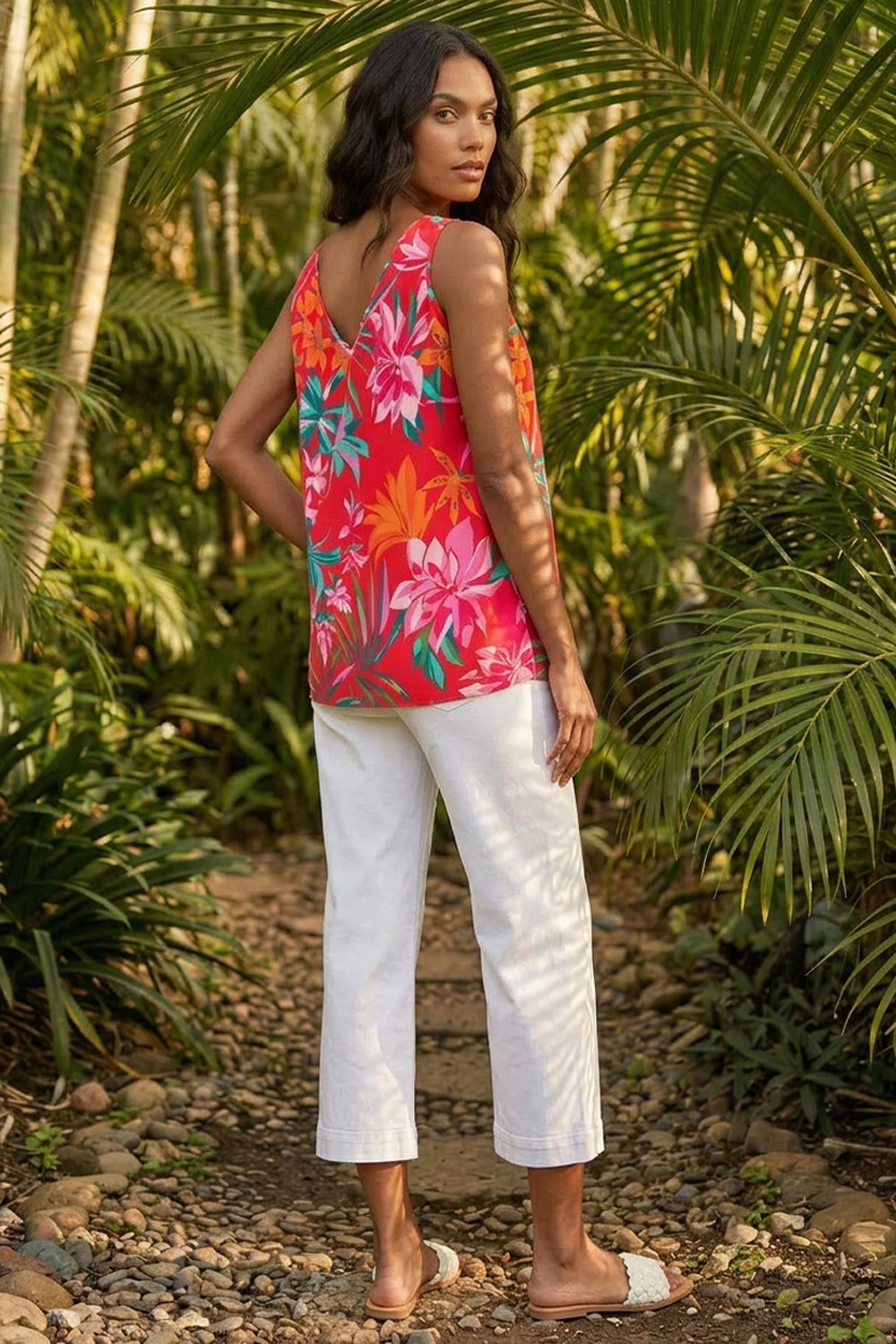 Red Tropical Print V-Neck Button Cami Top, Image 5 of 4