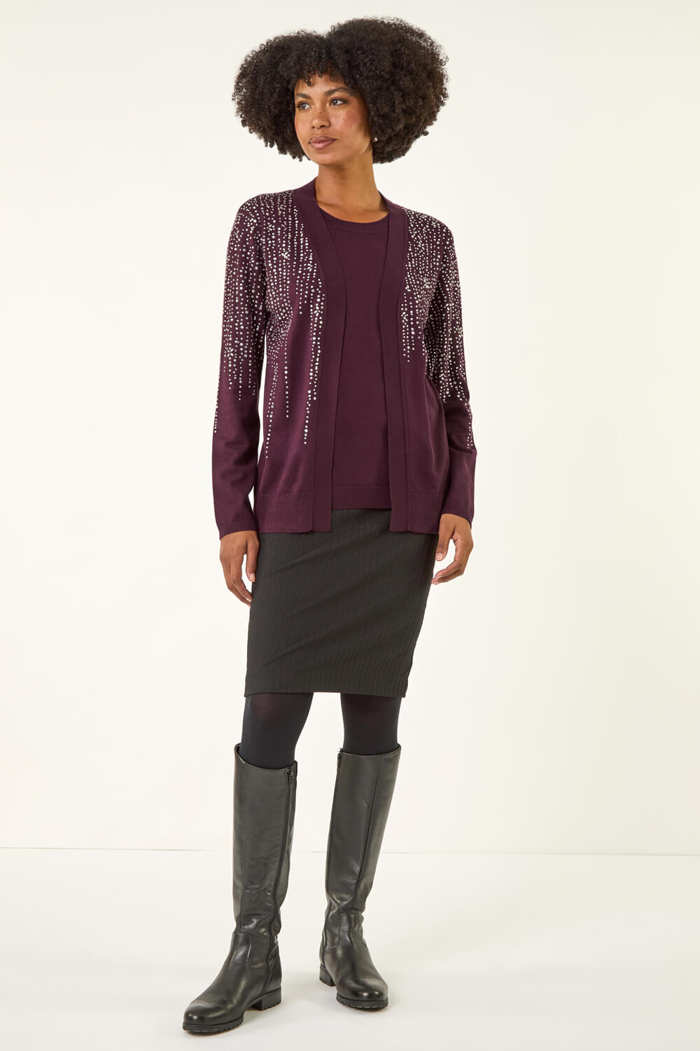 Burgundy Embellished Hotfix Layered Knit, Image 3 of 5