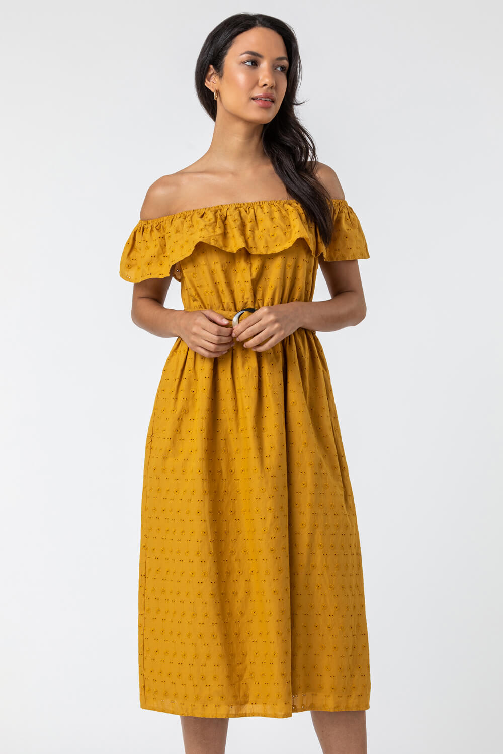 Ochre Broderie Belted Bardot Dress, Image 5 of 5