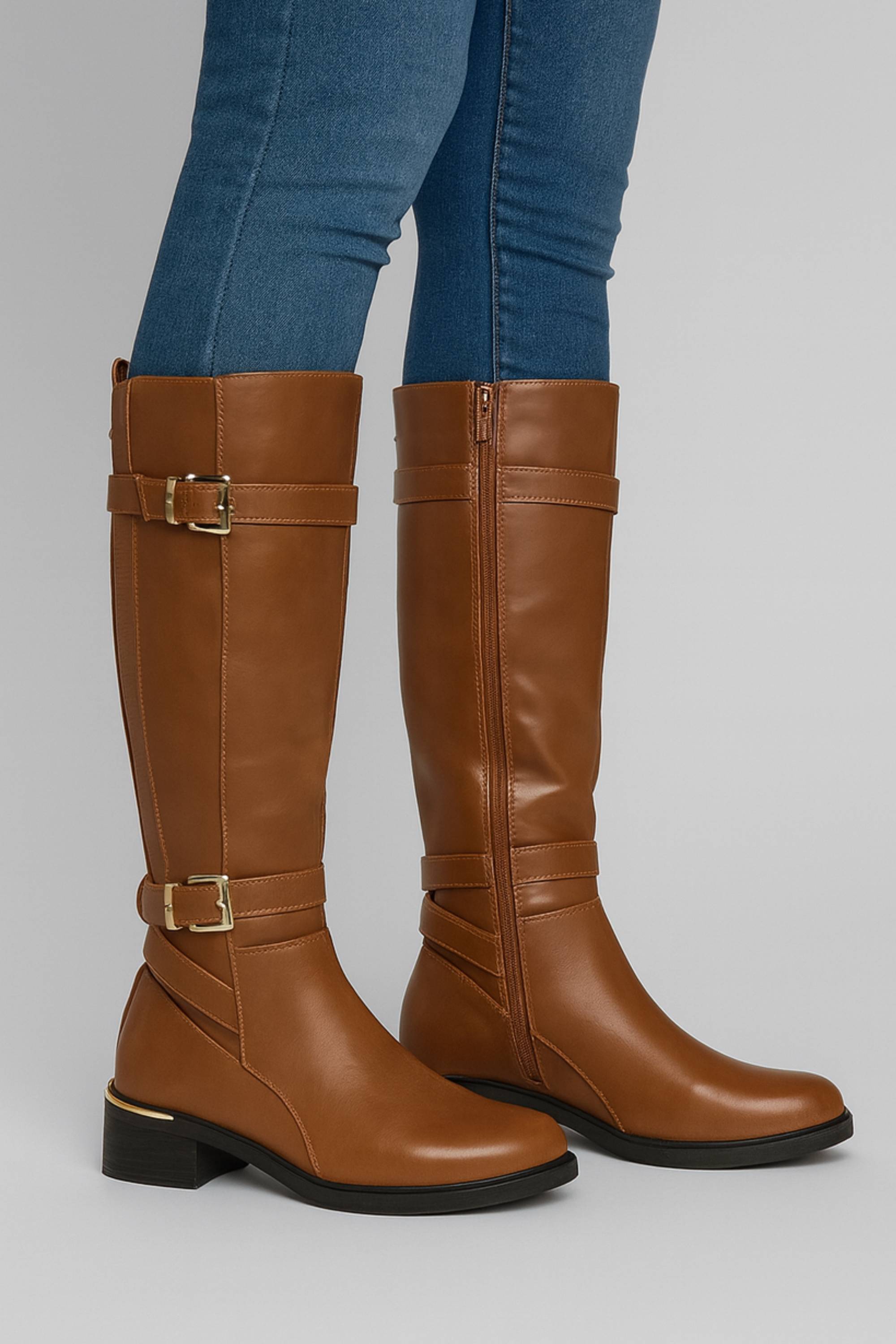 Tan AJVANI Tan Stretchy Elastic Zip Calf Biker Knee Boots, Image 2 of 5