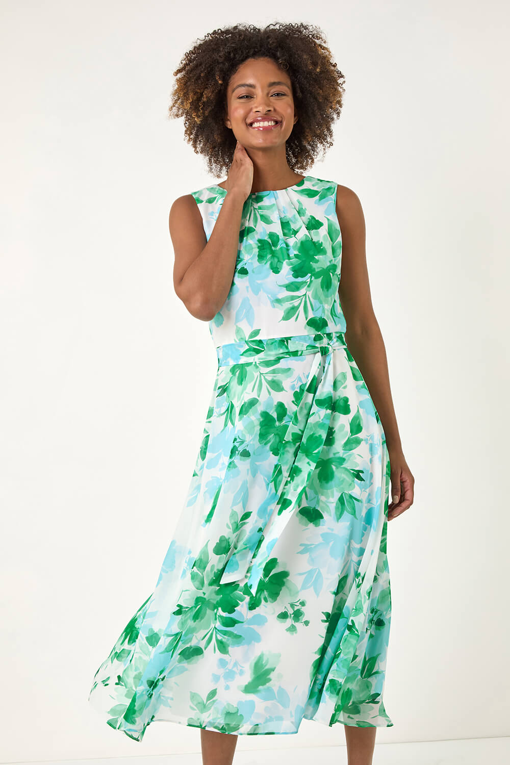 Roman Women's Green Floral Pleated Neck Midi Dress Size 20