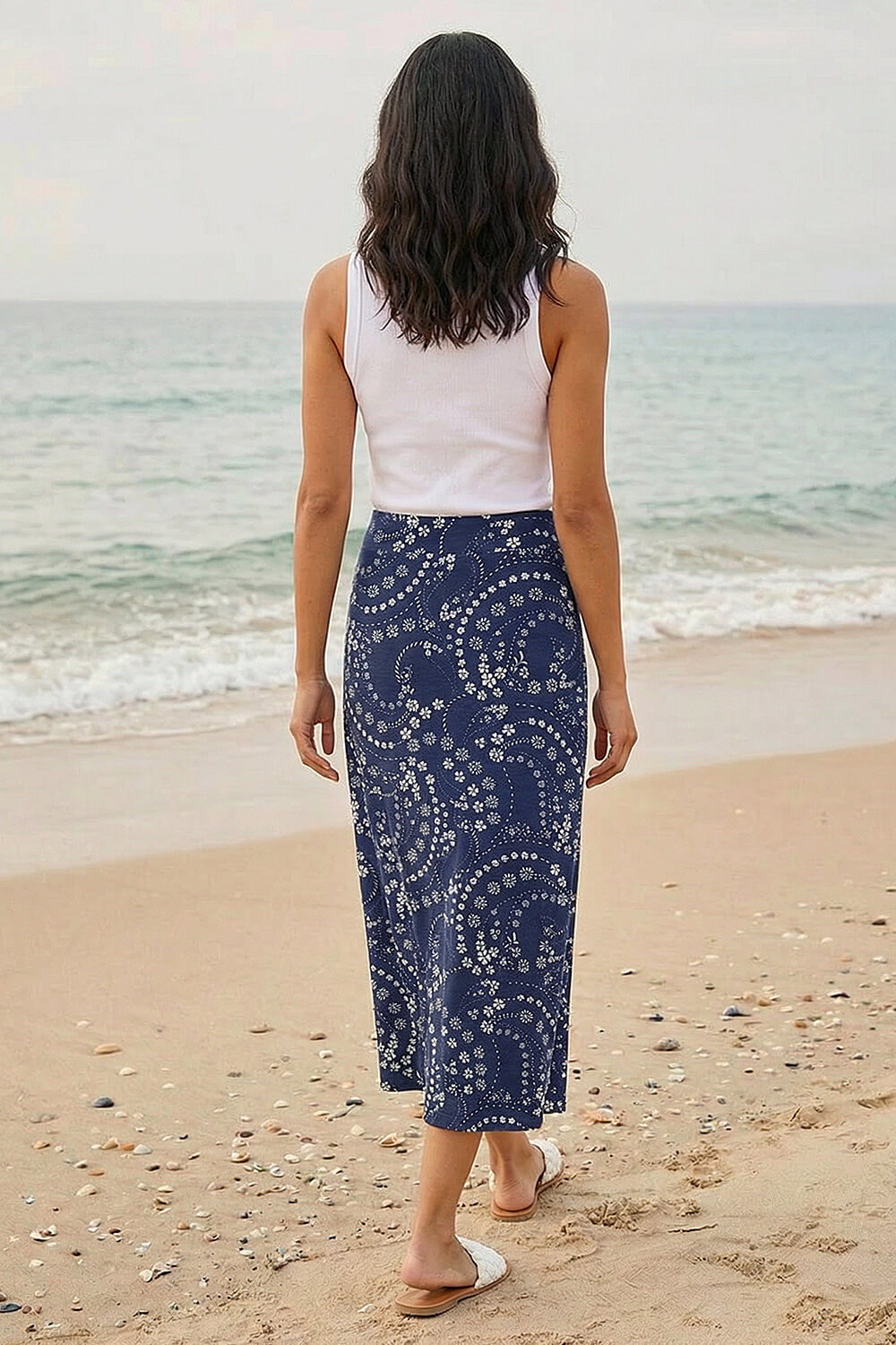 Navy Paisley Daisy Print Stretch Skirt, Image 3 of 4