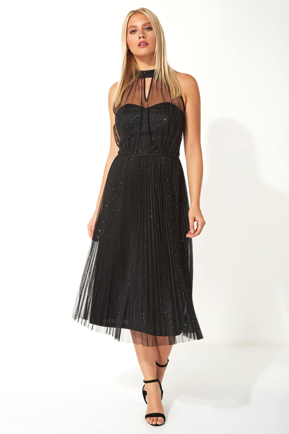 Glitter Mesh Halter Neck Skater Midi Dress in Black - Roman Originals UK