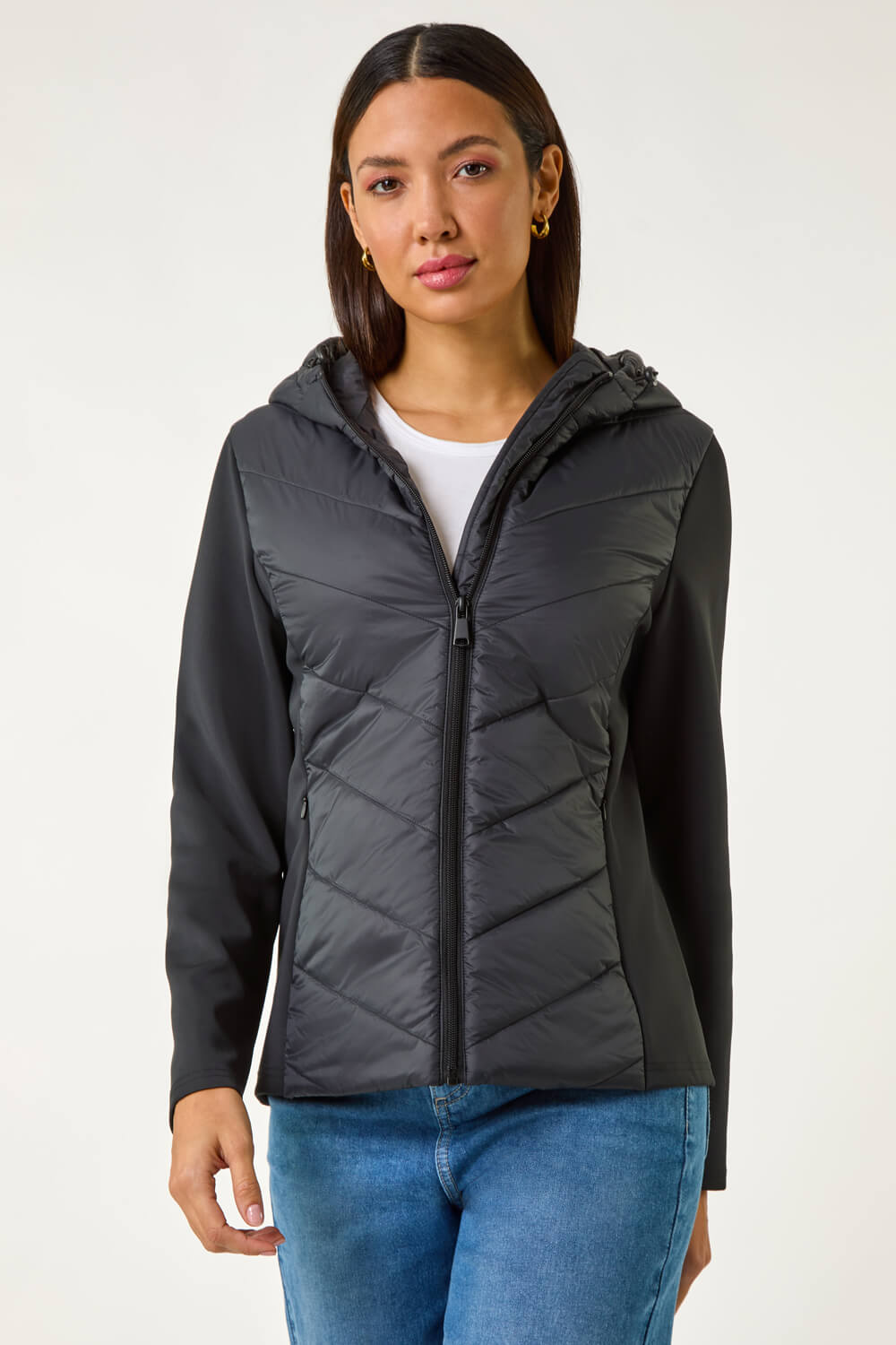 Black Contrast Hooded Padded Jacket, Image 7 of 8