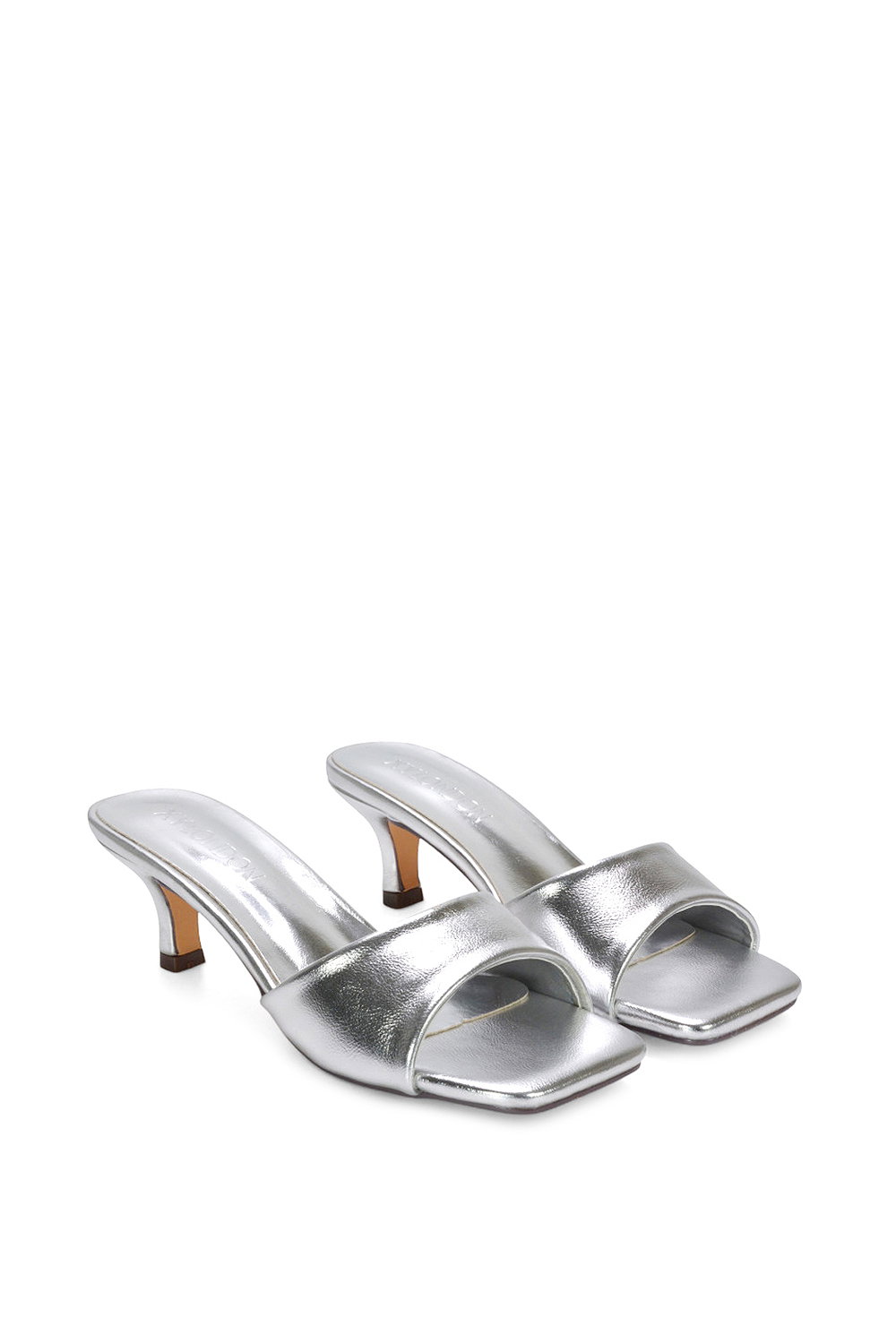 Silver XY LONDON Silver 'Pearl' Square Toe Stiletto Kitten Heel Mule Sandals, Image 3 of 6