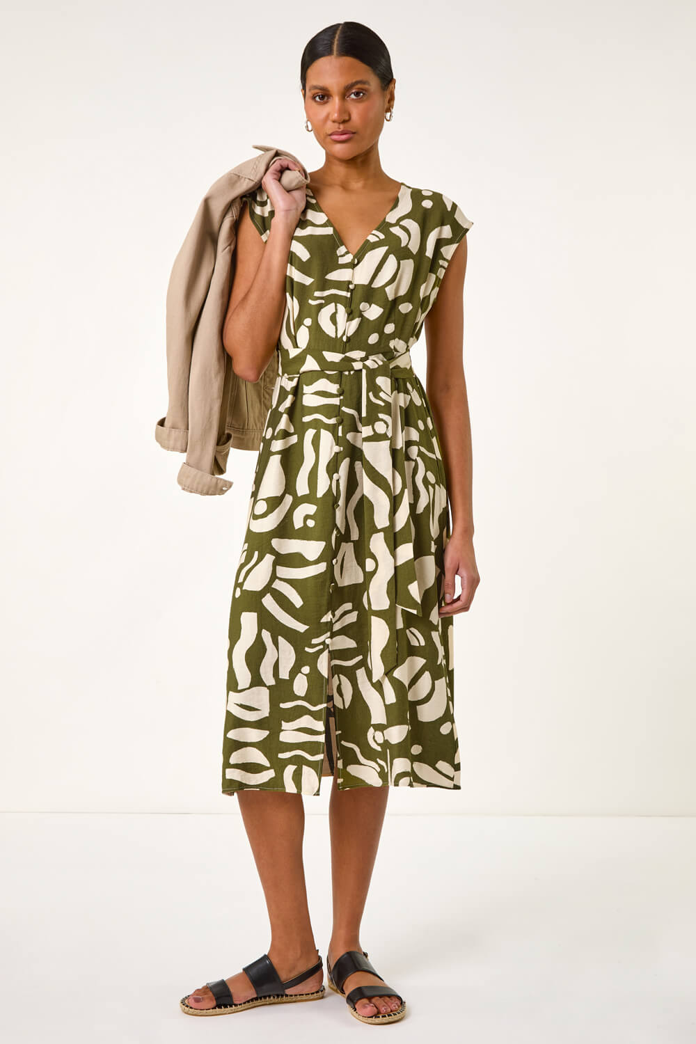 KHAKI Geometric Buttoned Midi Dress, Image 3 of 5