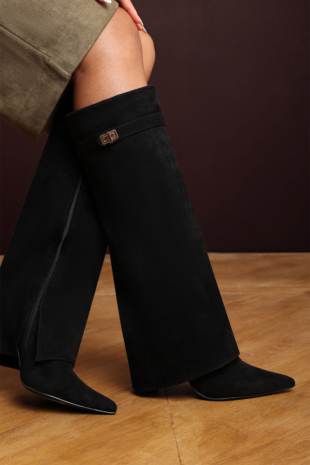 Black Keira Fold Over Shark Block Heel Point Toe Boots, Image 3 of 3