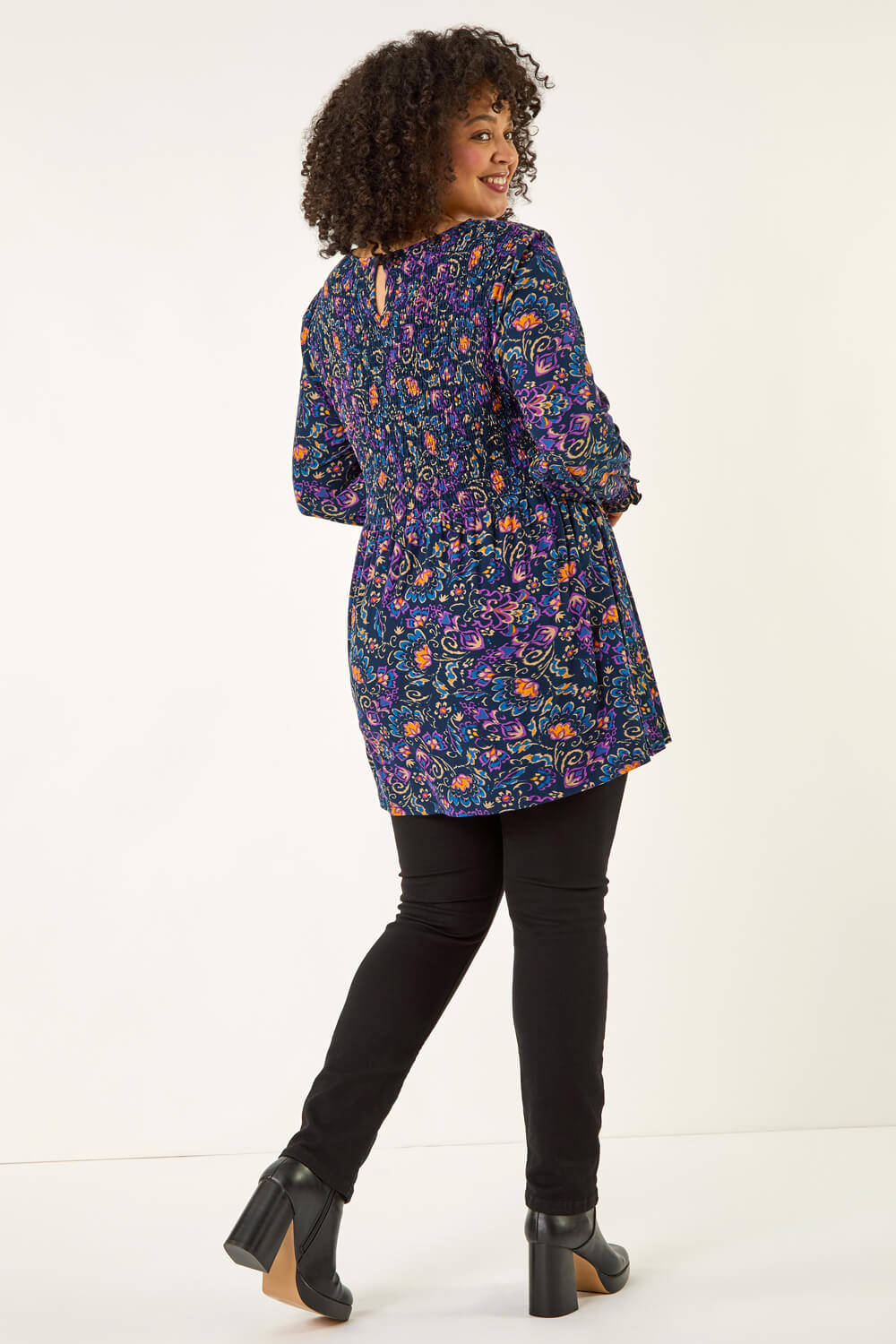 Navy Curve Floral Print Stretch Top, Image 4 of 5