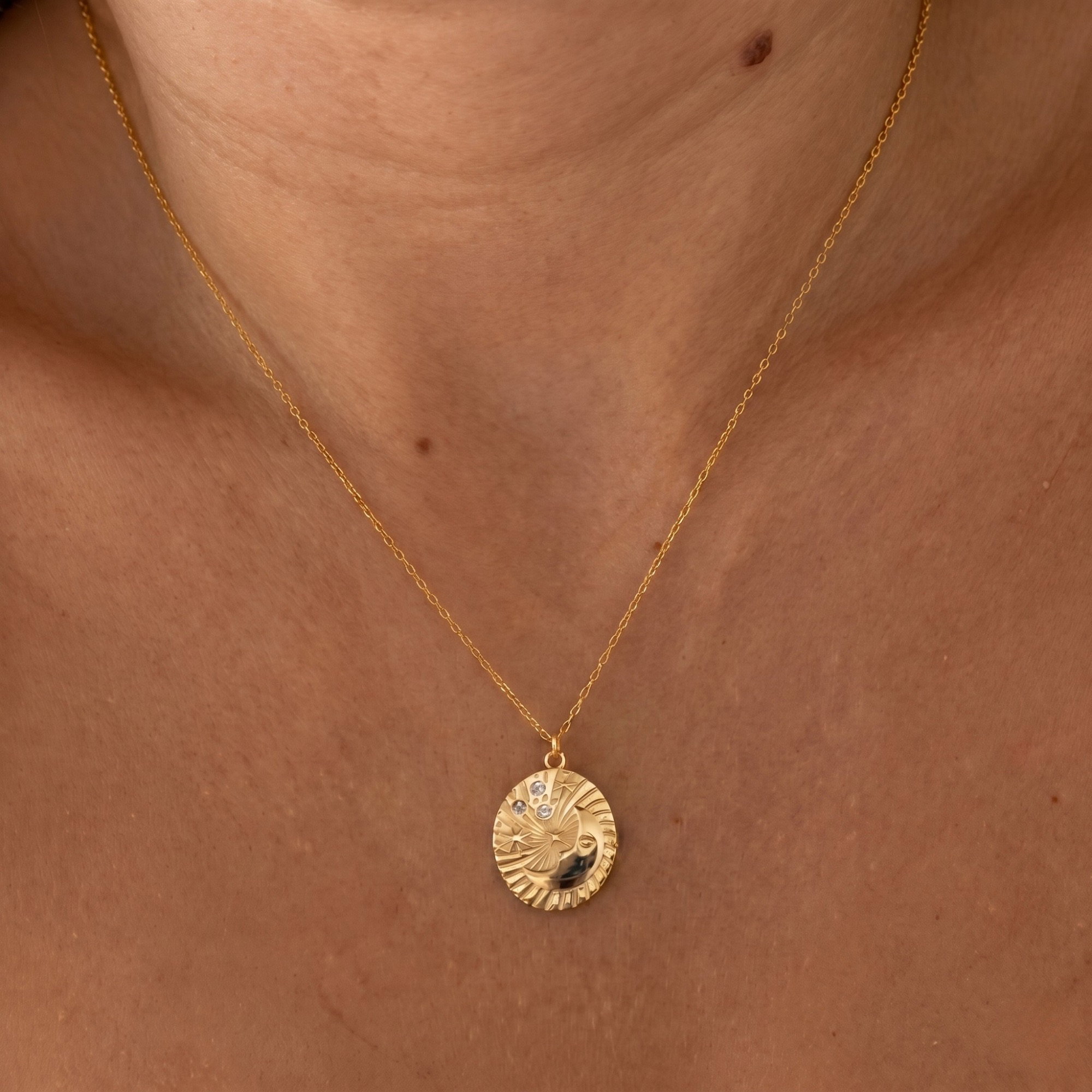 Gold Moon Embossed Silhouette Sterling Silver Medal Necklace, Image 2 of 3
