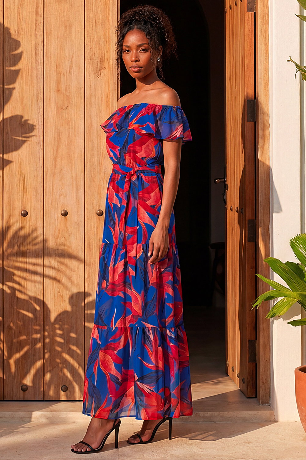Navy Floral Print Bardot Belted Maxi Dress, Image 3 of 4