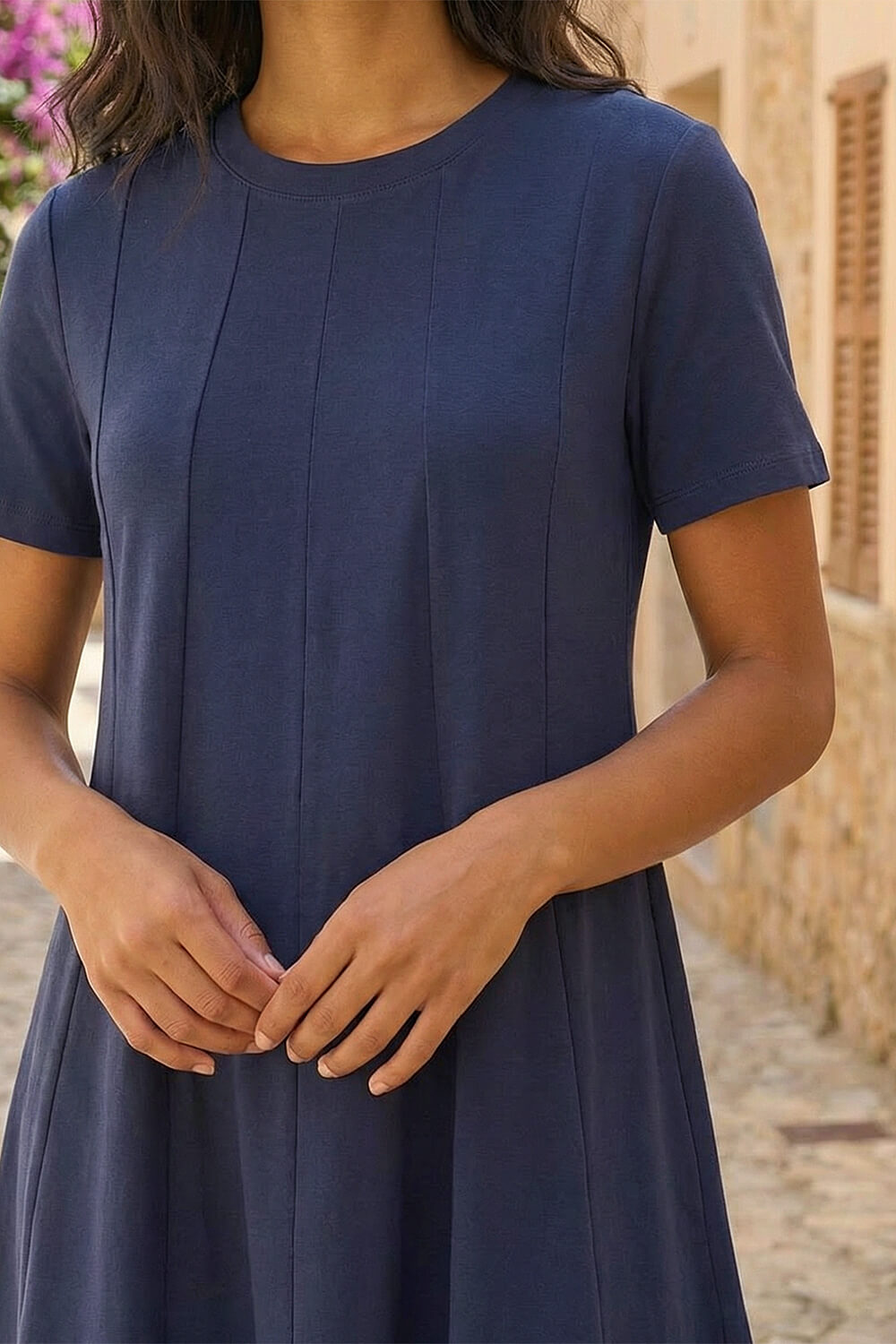 Navy  Cotton Panelled Swing Stretch Dress, Image 5 of 4