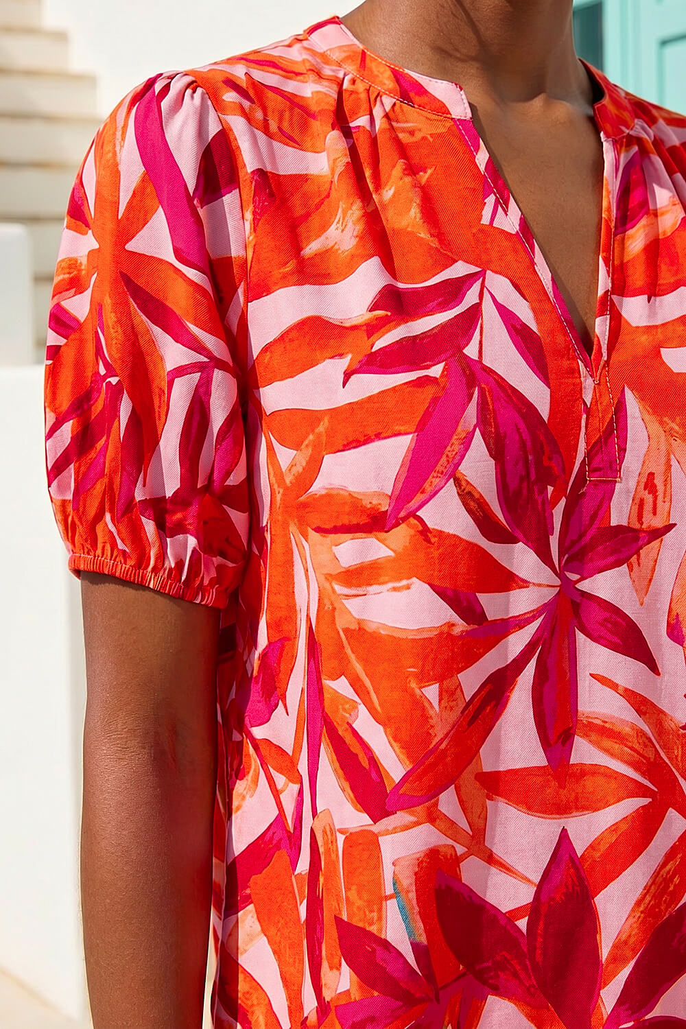 Pink Tropical Pleated V-Neck Top, Image 5 of 4