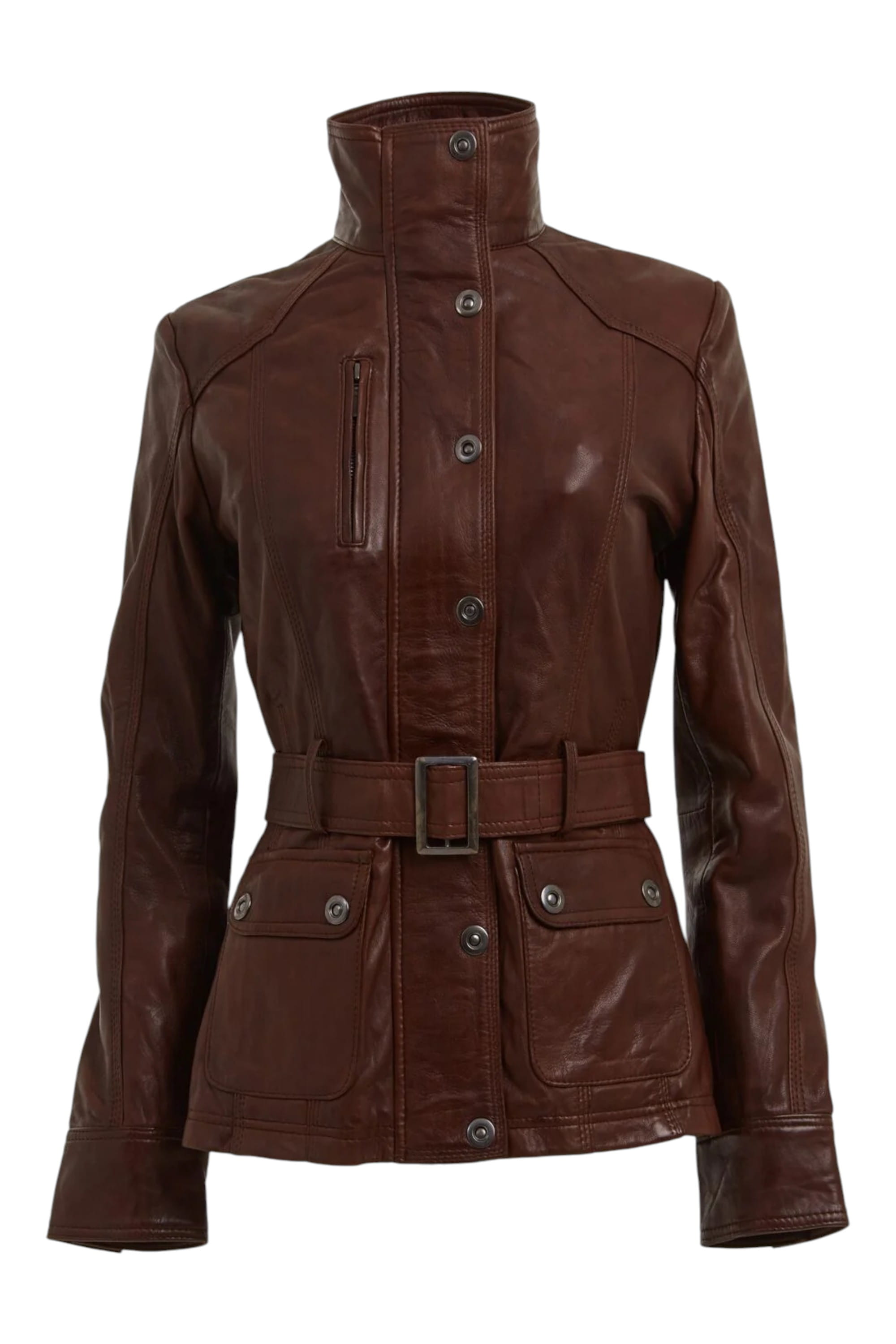 Brown Military Style Leather Biker Jacket, Image 2 of 4