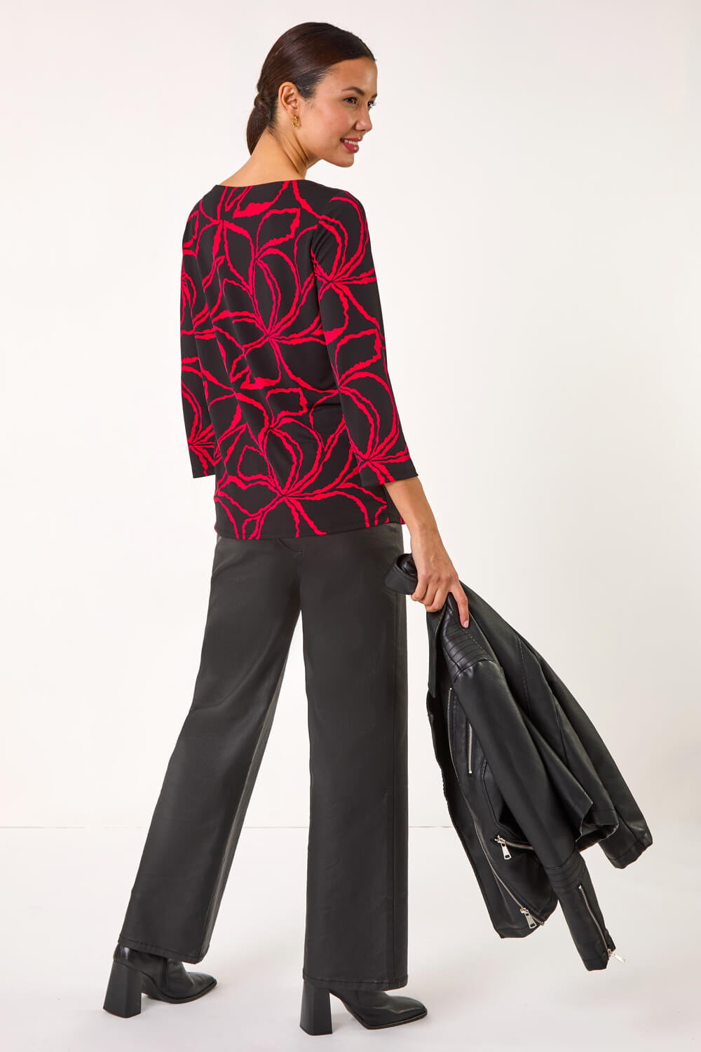 Red Floral Print Contrast Trim Top, Image 4 of 5