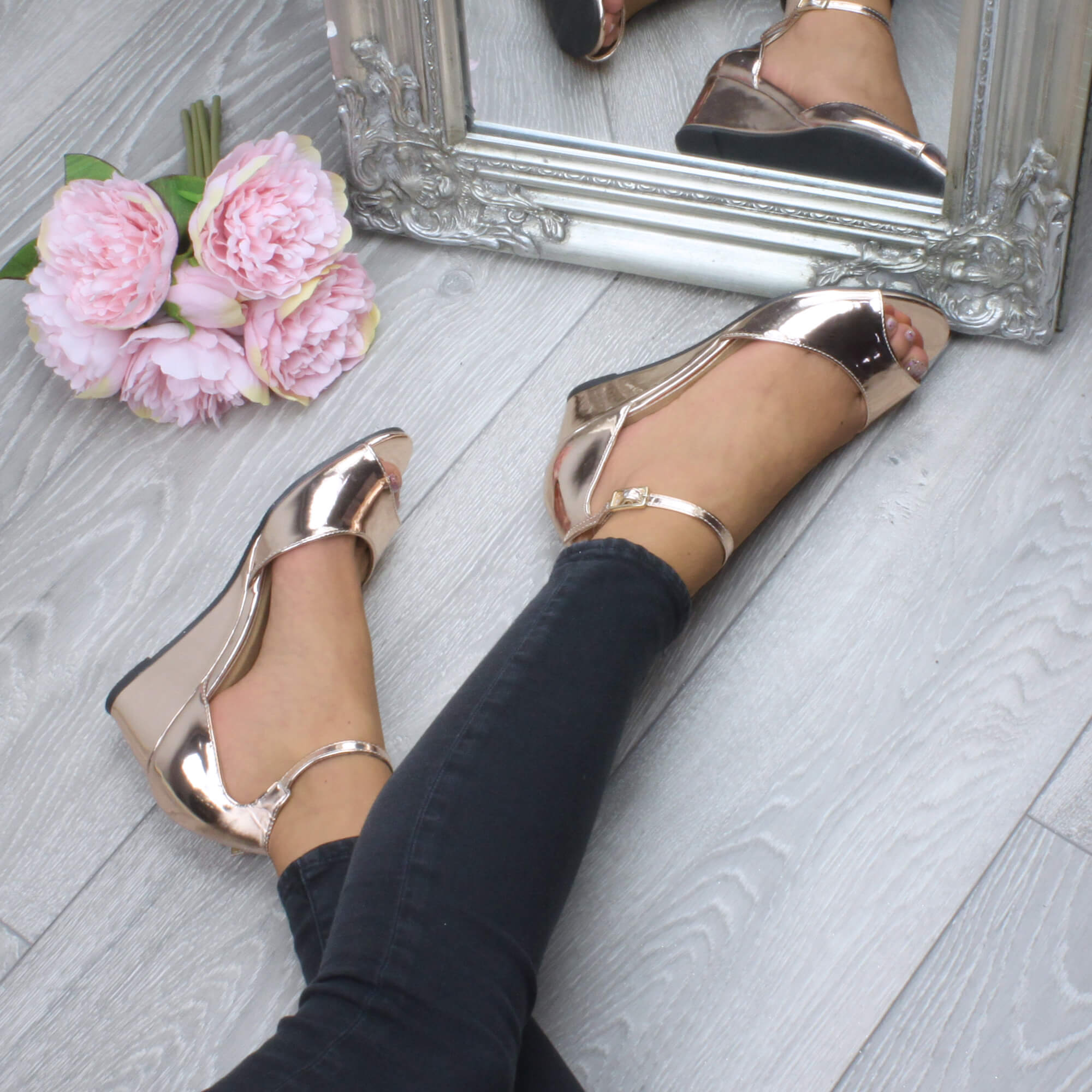 Rose Gold Mid Wedge Heel Ankle Strap Sandals, Image 5 of 6