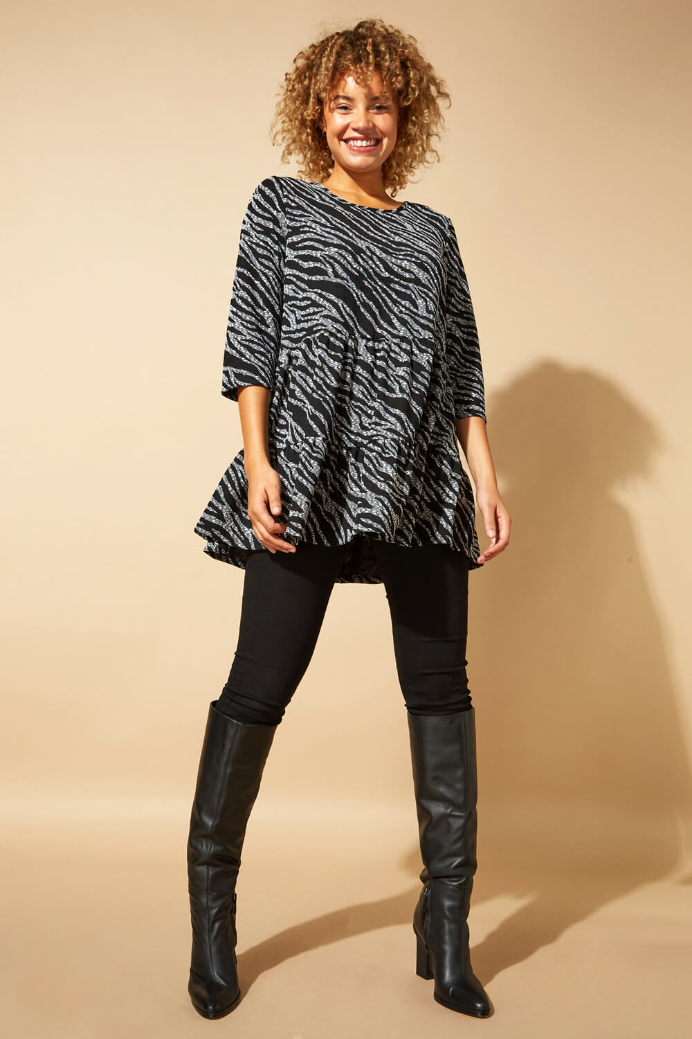Black Animal Print Tiered Top, Image 3 of 4