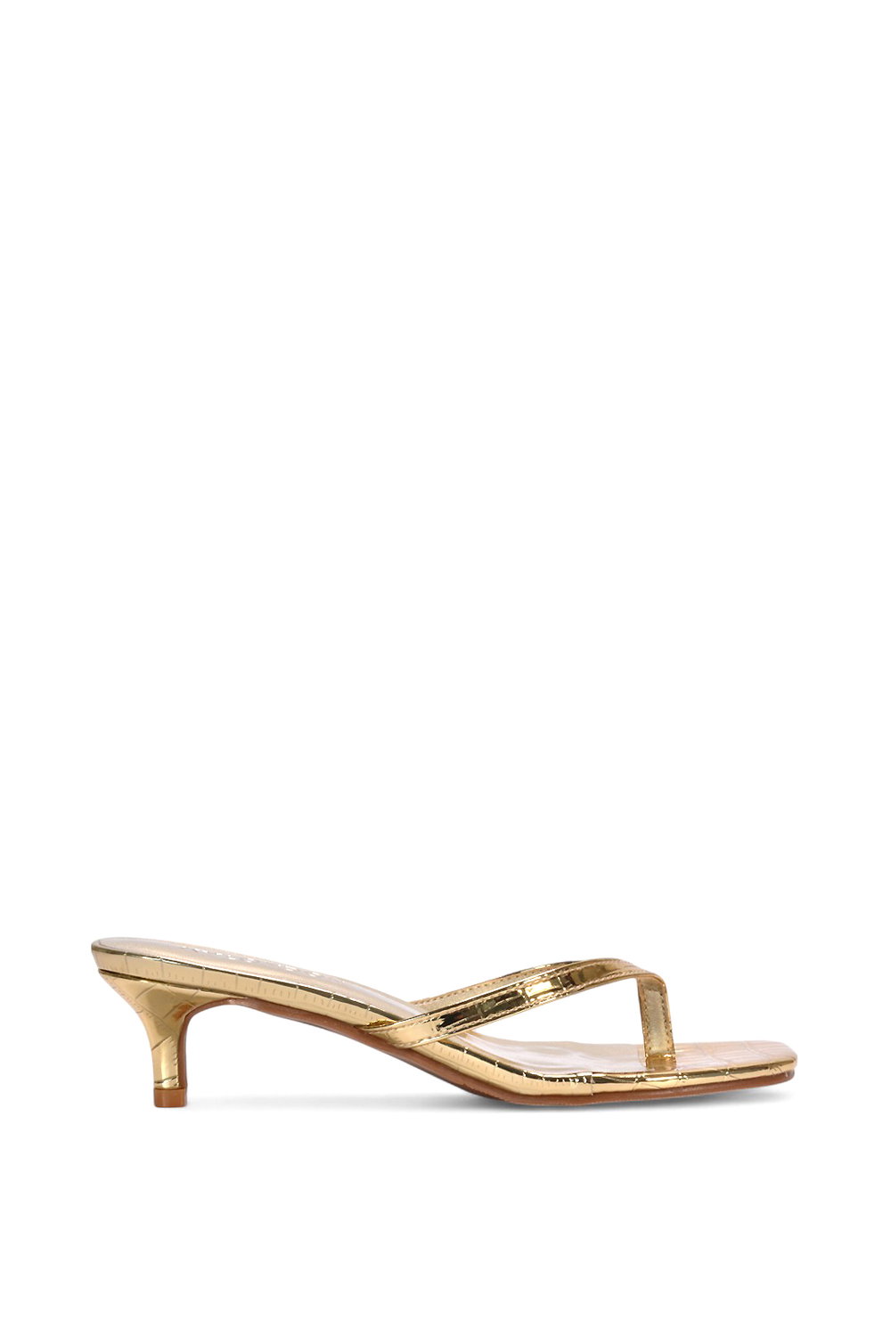 Gold XY LONDON Gold 'Jane' Toe Post Low Kitten Heel Mule Sandal Shoes, Image 1 of 6