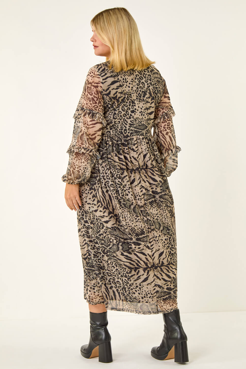 Beige Curve Animal Print Frill Midi Dress, Image 5 of 7