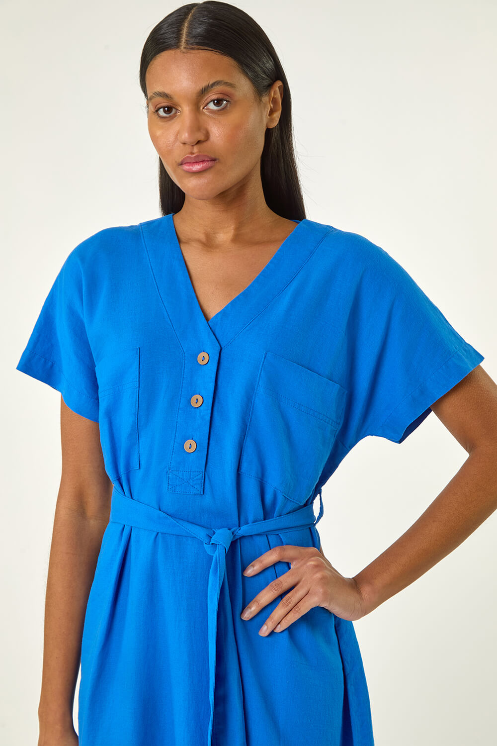 Royal Blue Button Linen Blend Midi Dress, Image 5 of 5