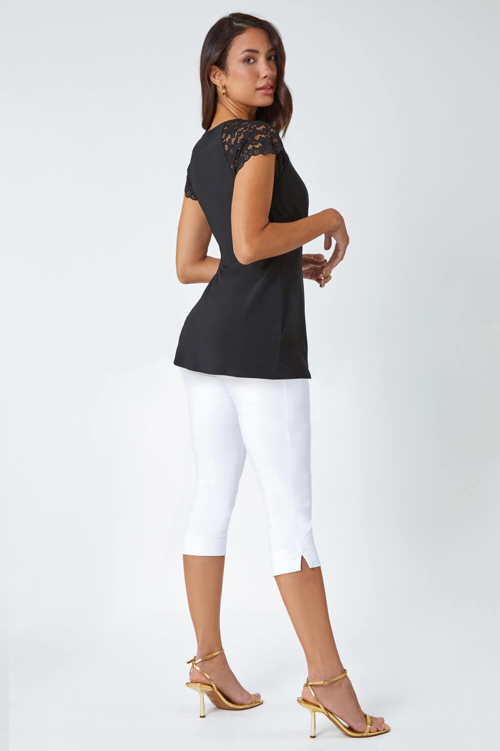 Black Lace Trim Stretch V-Neck Wrap Top , Image 5 of 5