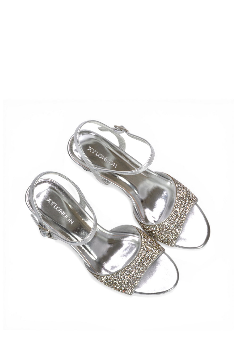 Silver 'Kim' Ankle Strap Mid Stiletto Peep Toe Diamante Sparkly Heels, Image 6 of 6