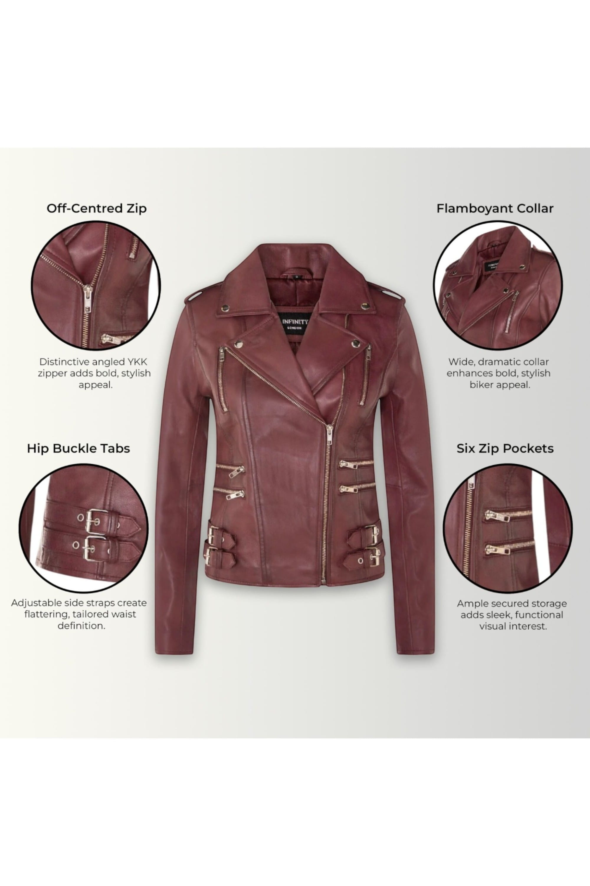 Burgundy Leather Brando Biker Jacket-Loddon, Image 3 of 6