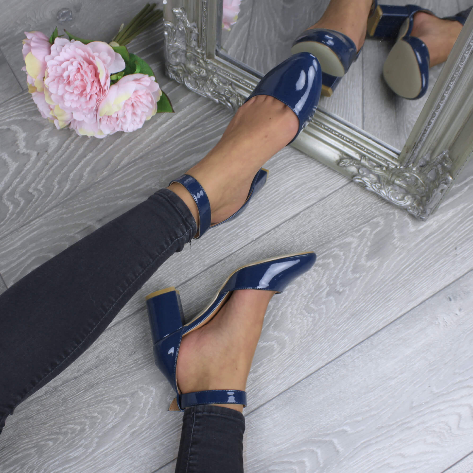 Navy Blue AJVANI Navy Blue Mid Block Heel Ankle Strap 2 Part Heels, Image 5 of 6