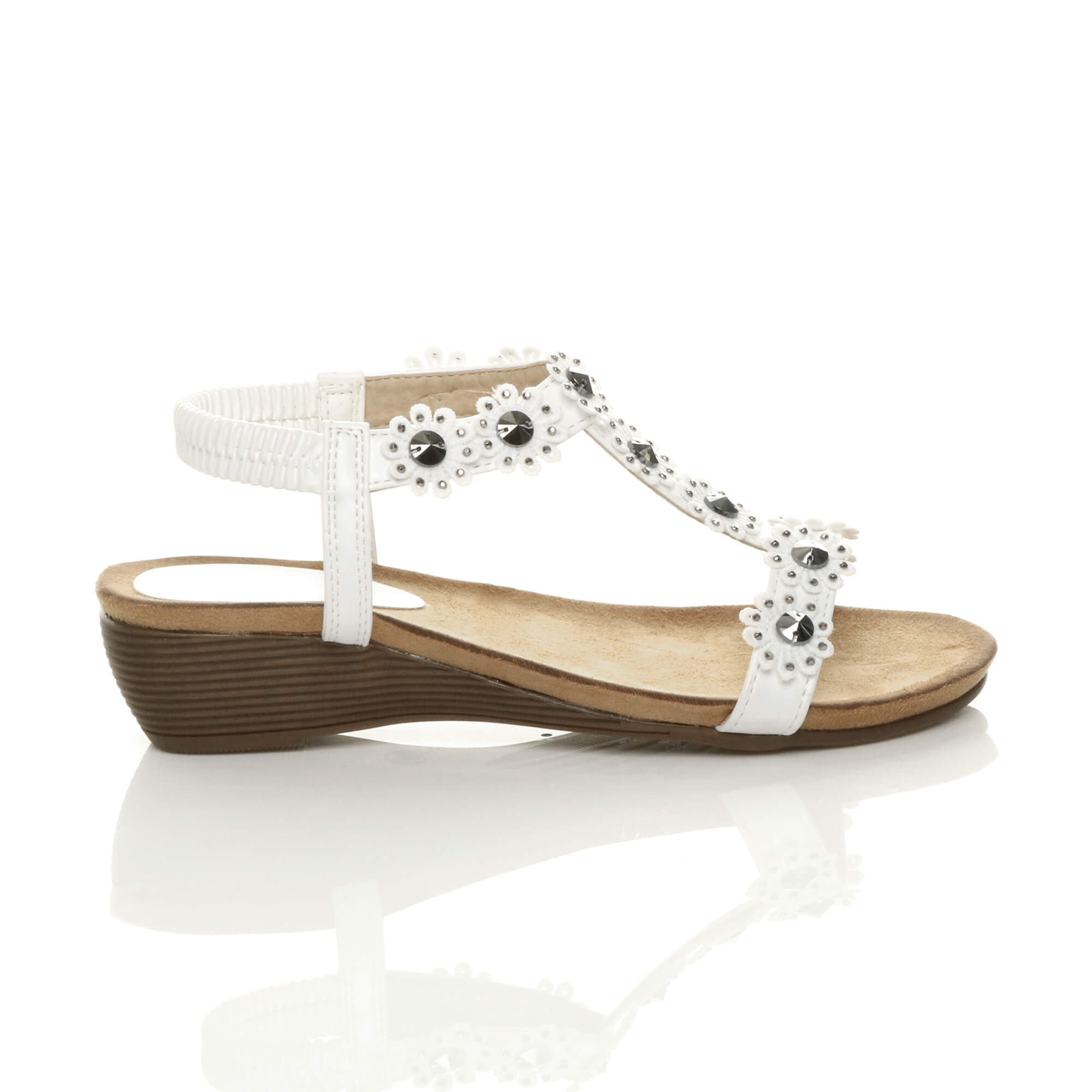 White AJVANI White Low Wedge Heel Strappy T-Bar Flower Slingback Sandals, Image 2 of 6